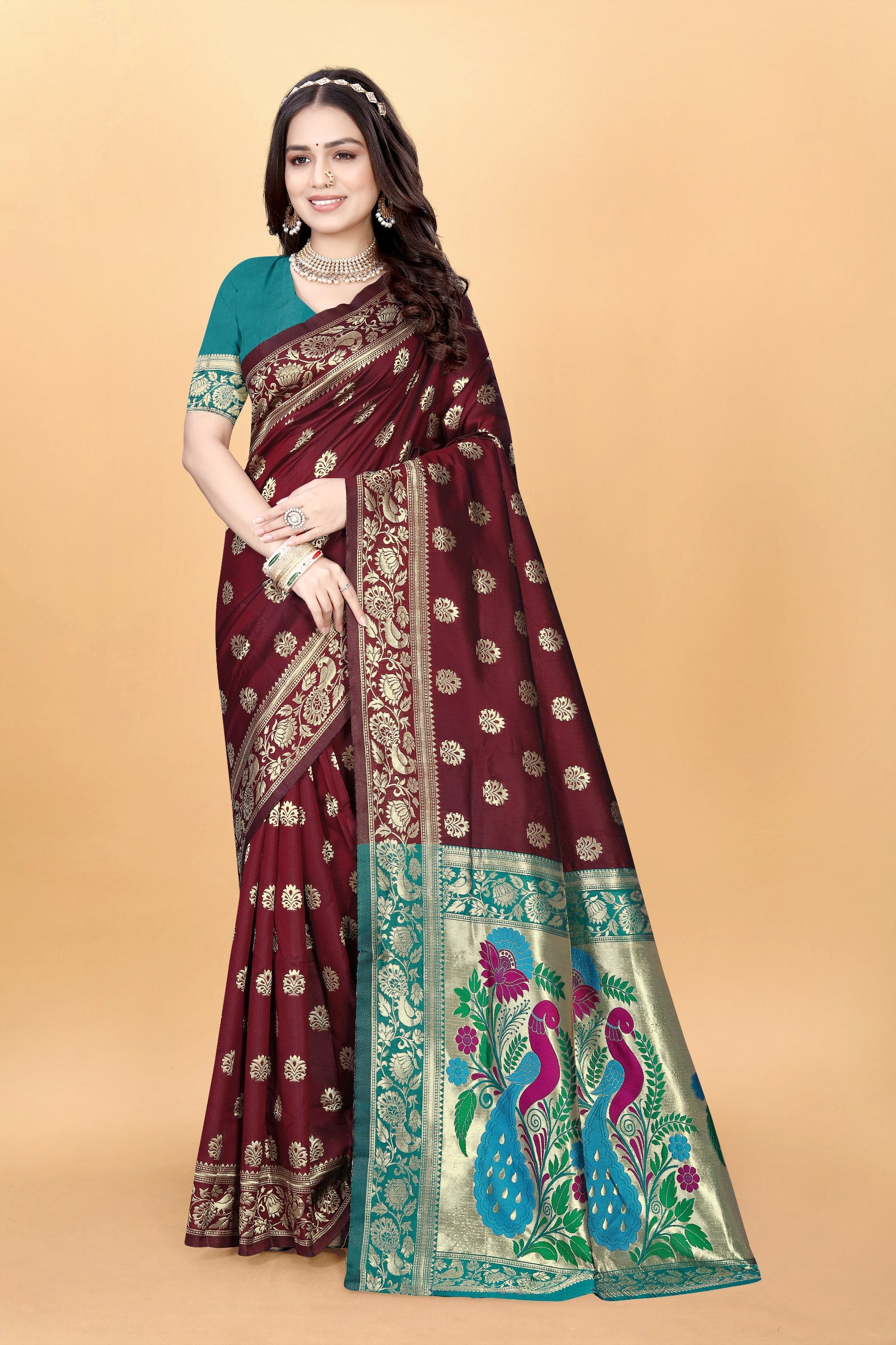 Majestic Banarasi Silk Saree with Dual Peacock Pallu and Zari Detailing