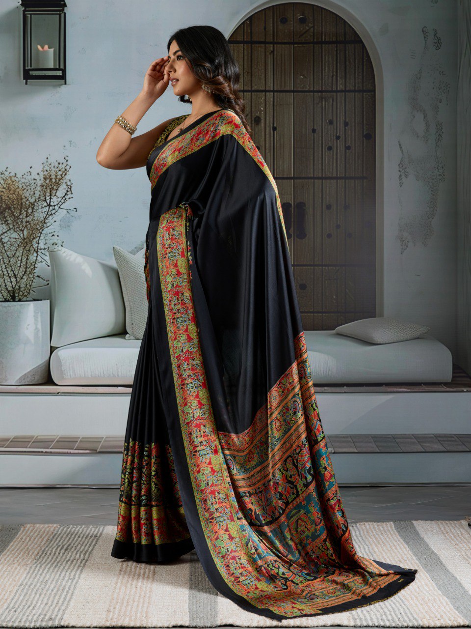 Pure Ajrakh modal satin fabric featuring traditional printed motifs with rich, earthy tones and a soft, breathable feel, perfect for all-day elegance.