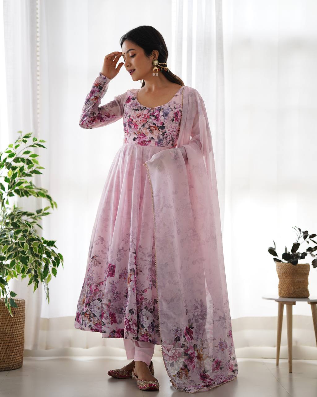 Floral Print Organza Three Piece Anarkali Suit
