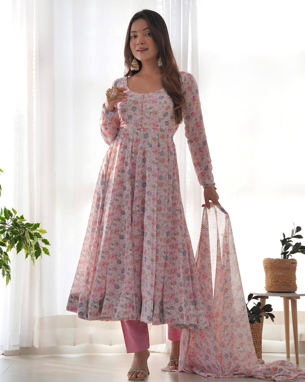 Pastel Floral Printed Organza Anarkali Suit set