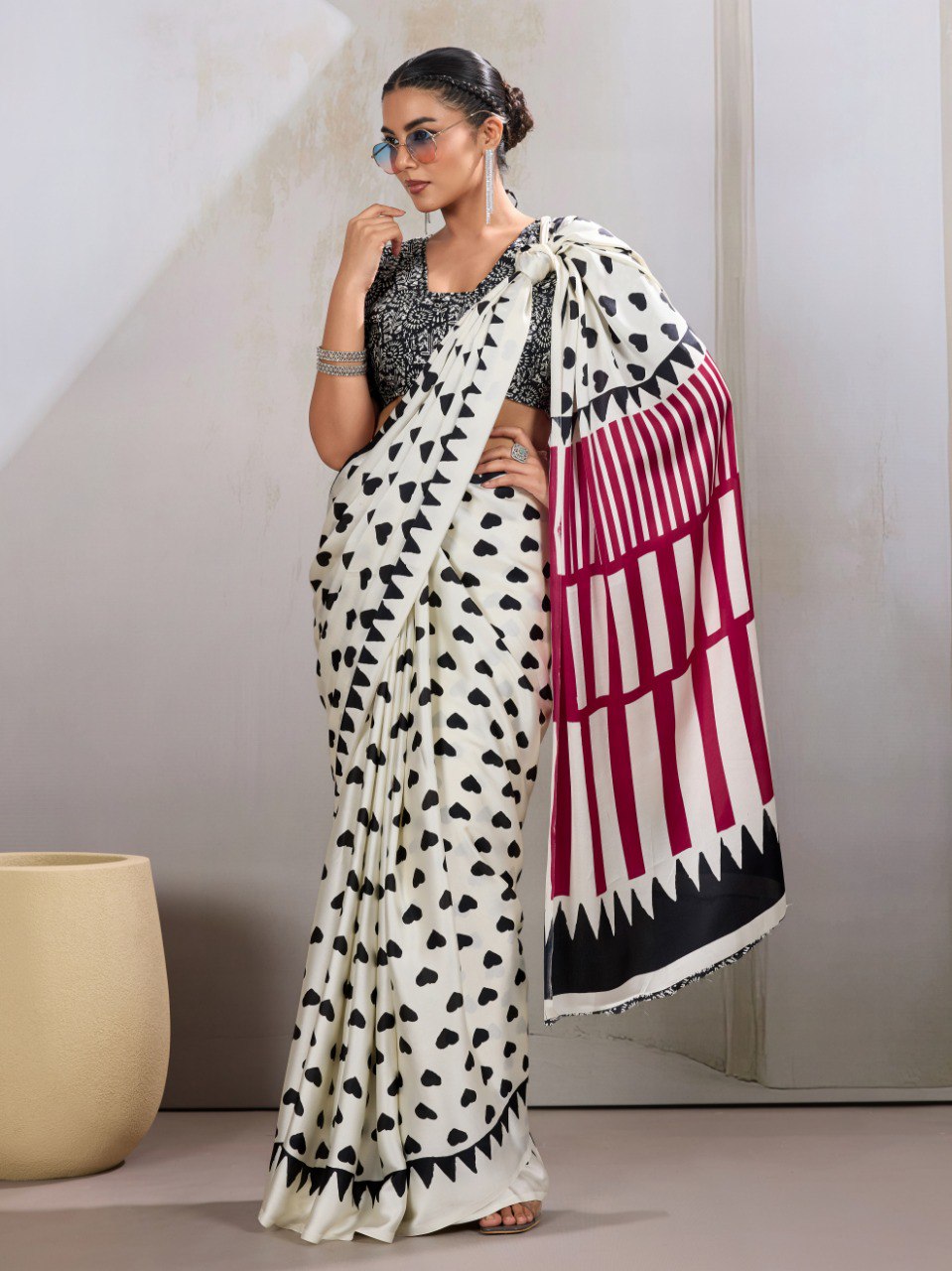 Pure Ajrakh modal satin fabric featuring traditional printed motifs with rich, earthy tones and a soft, breathable feel, perfect for all-day elegance.