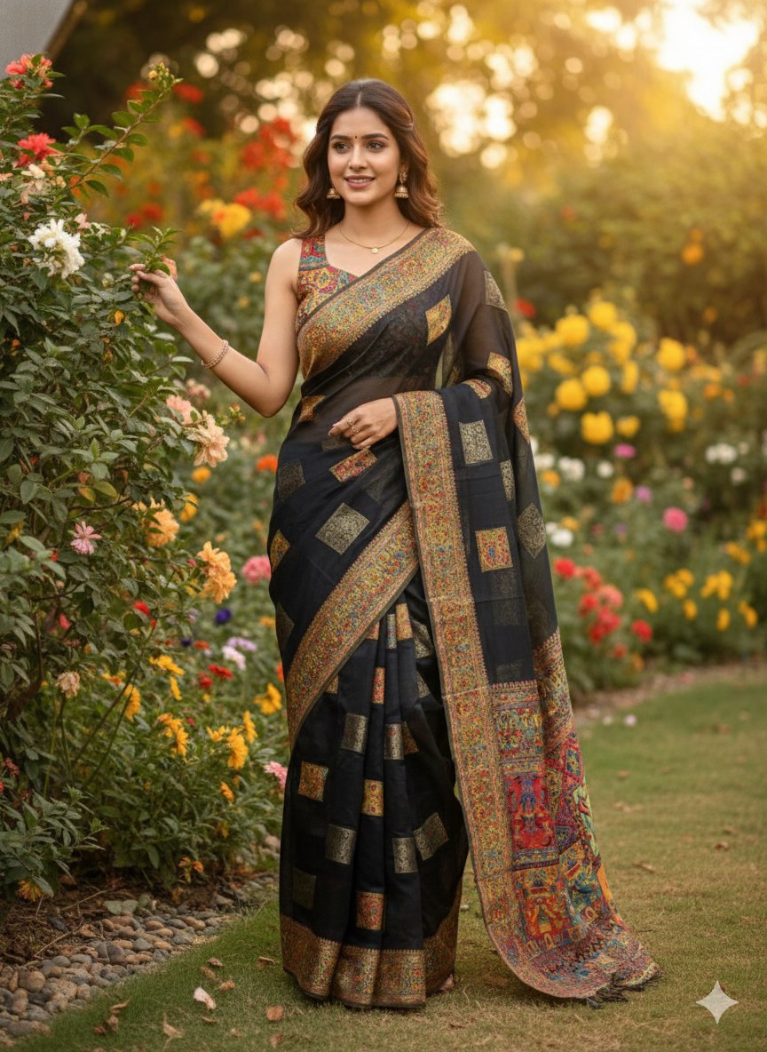 This beautiful Zari work saree gives a perfect look to the outfit.