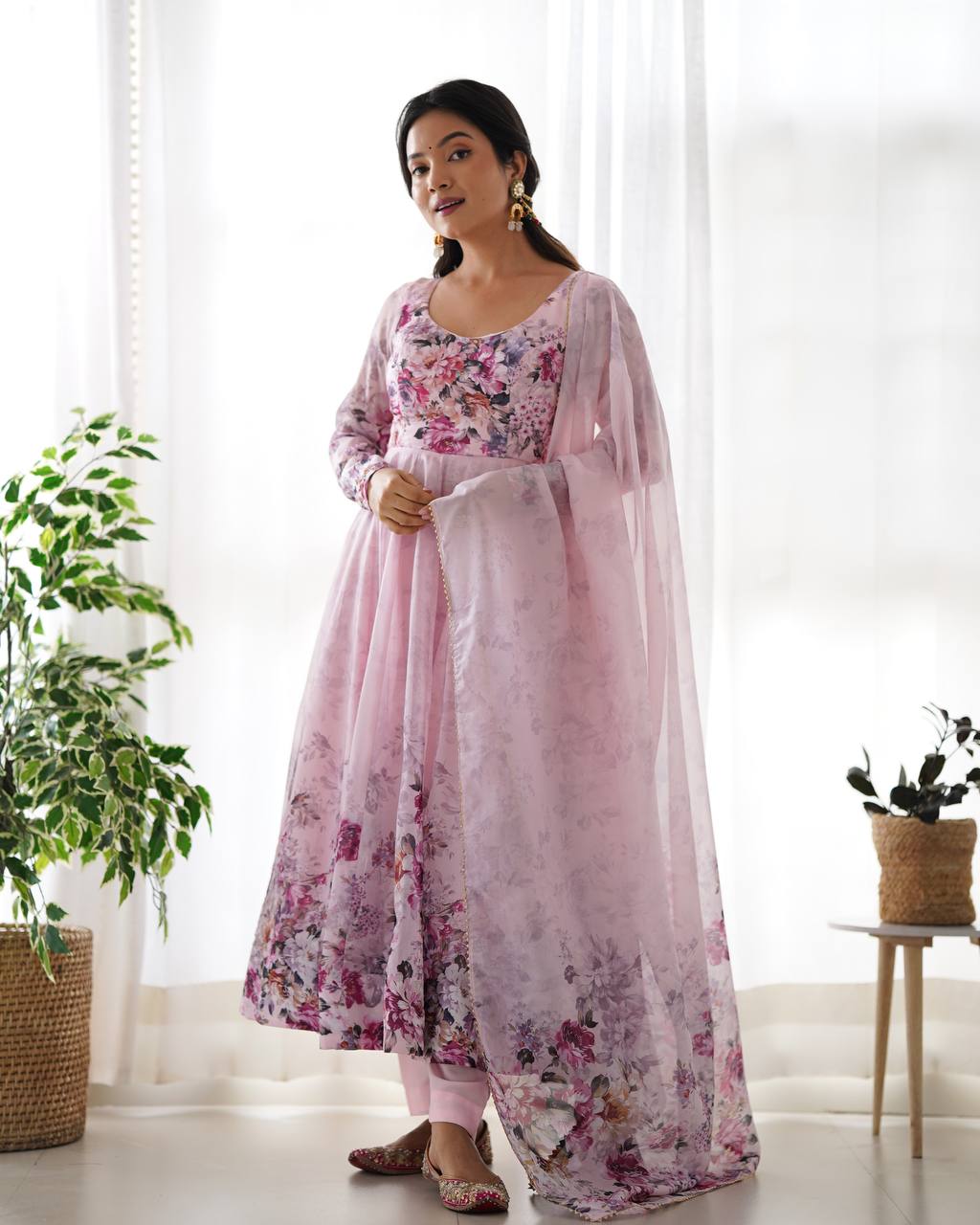 Floral Print Organza Three Piece Anarkali Suit