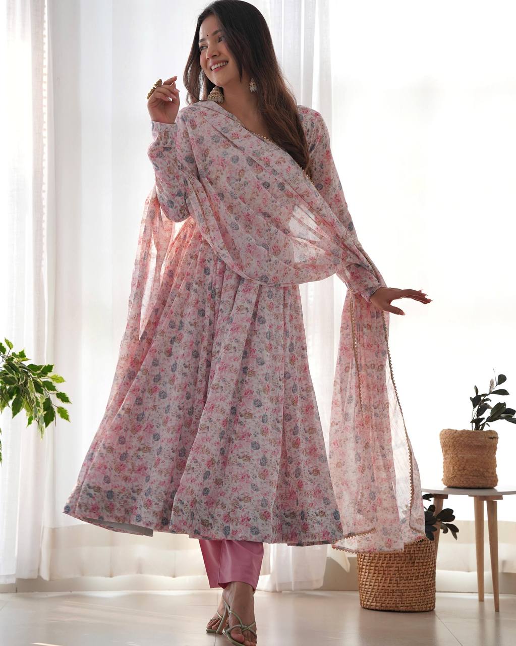 Pastel Floral Printed Organza Anarkali Suit set