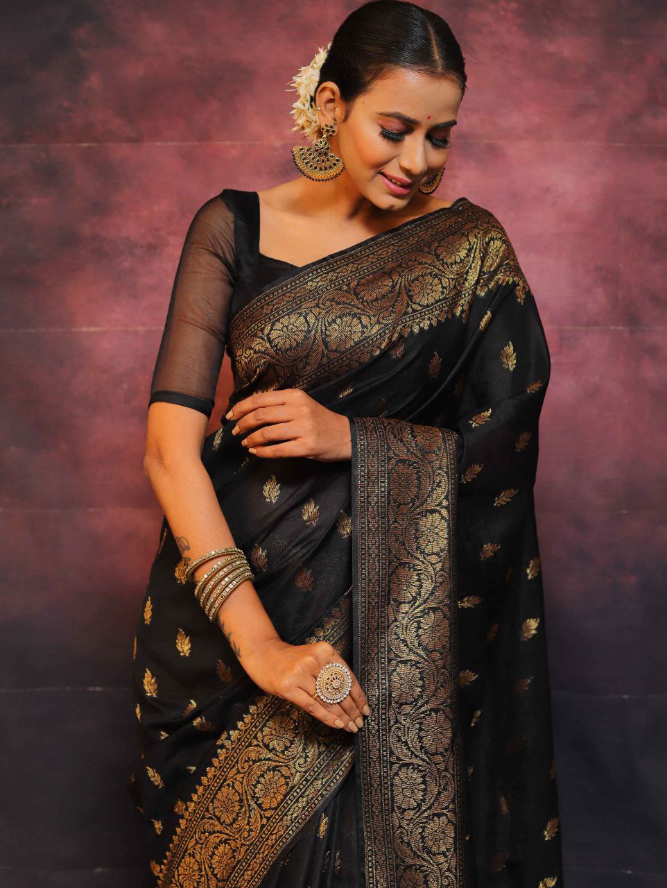 Elegant Banarasi Silk Saree with Rich Golden Zari Work