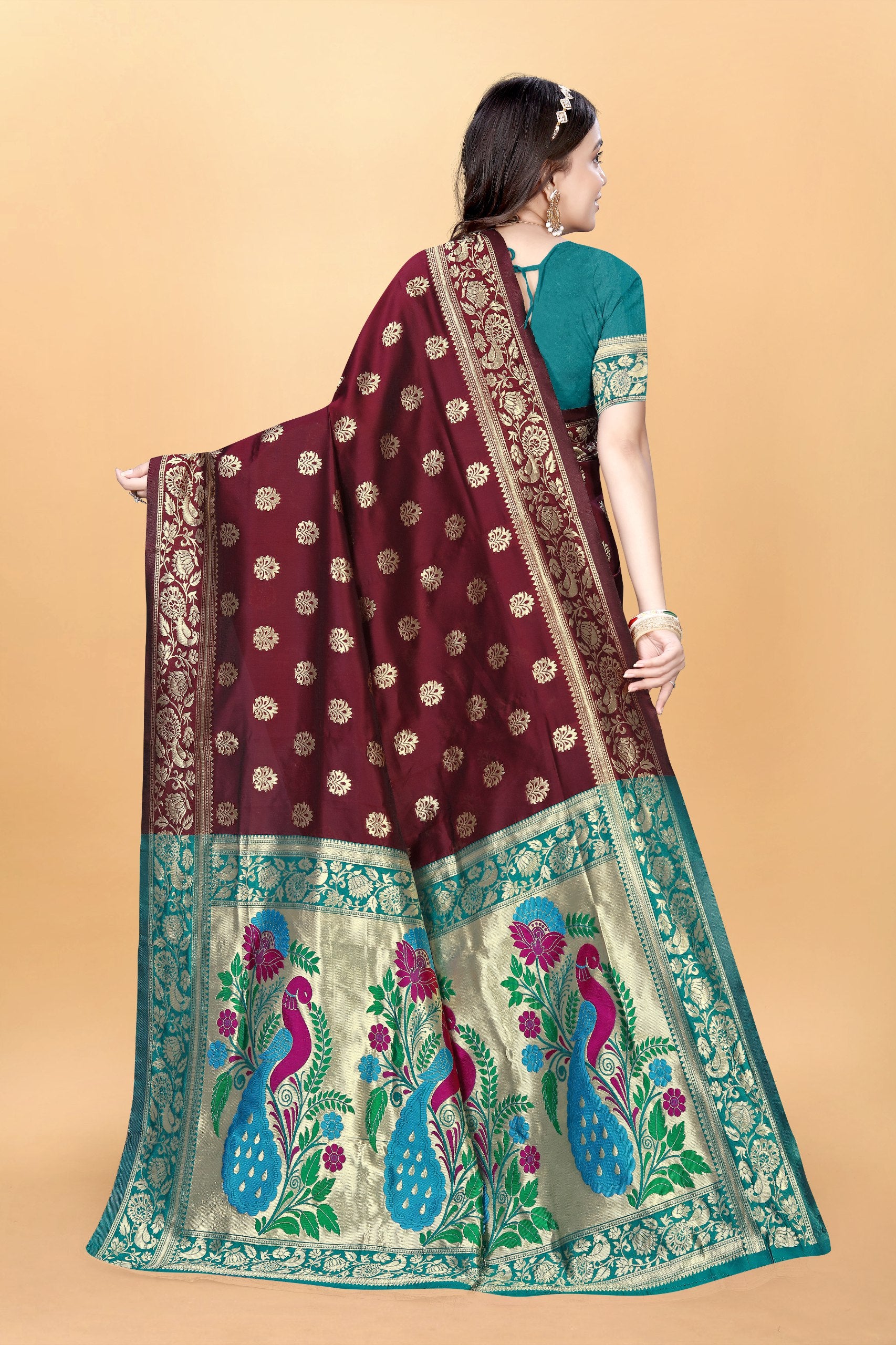 Majestic Banarasi Silk Saree with Dual Peacock Pallu and Zari Detailing