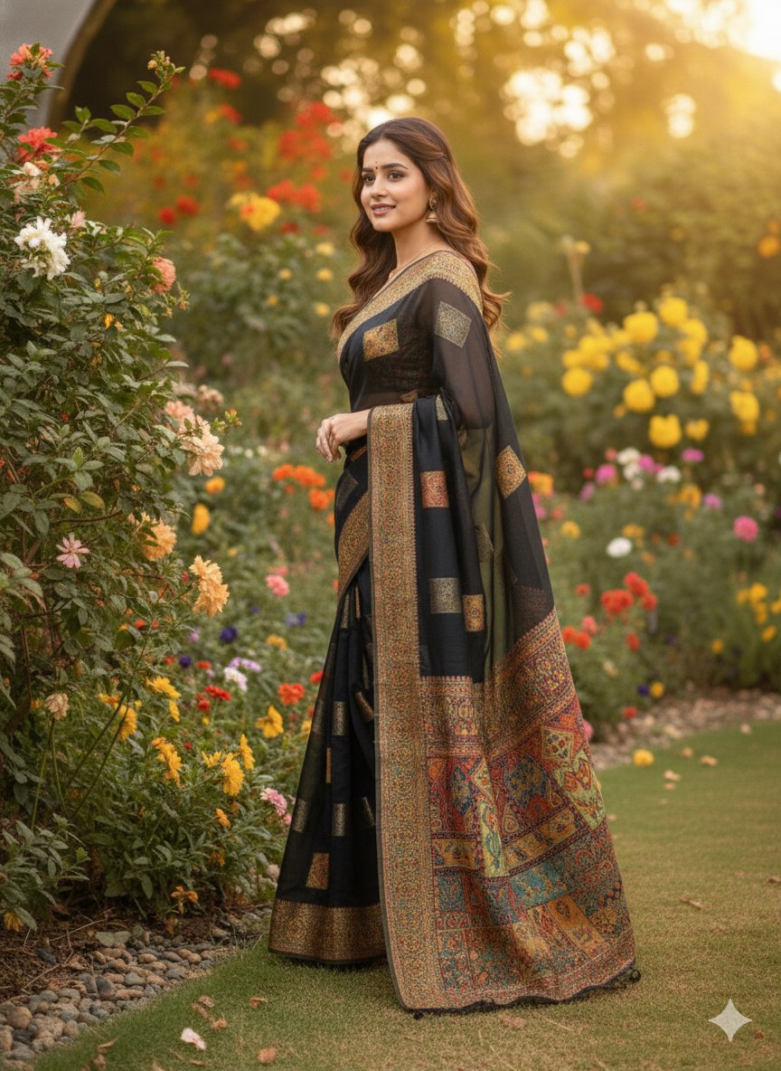This beautiful Zari work saree gives a perfect look to the outfit.