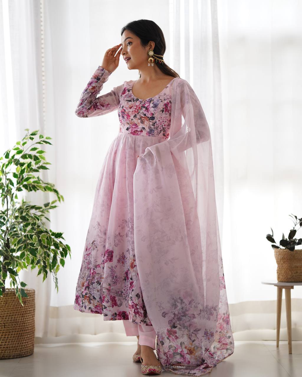 Floral Print Organza Three Piece Anarkali Suit