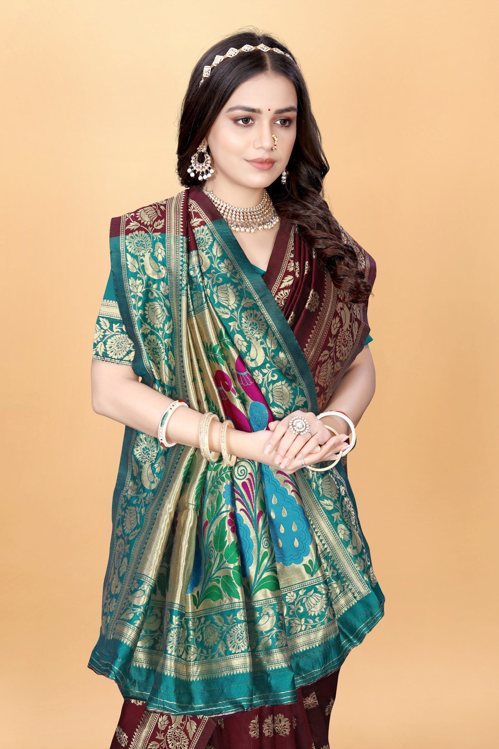 Majestic Banarasi Silk Saree with Dual Peacock Pallu and Zari Detailing
