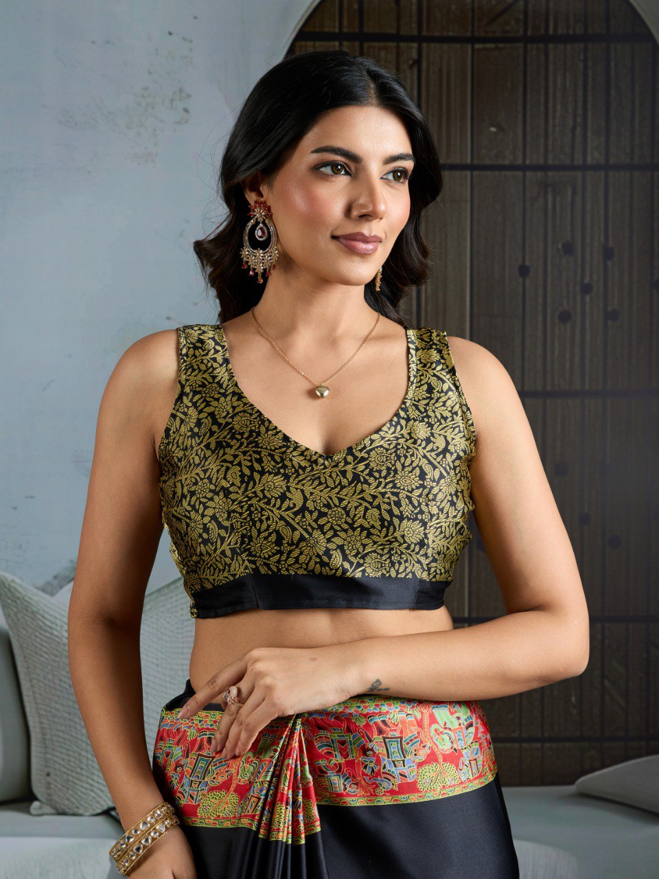 Pure Ajrakh modal satin fabric featuring traditional printed motifs with rich, earthy tones and a soft, breathable feel, perfect for all-day elegance.