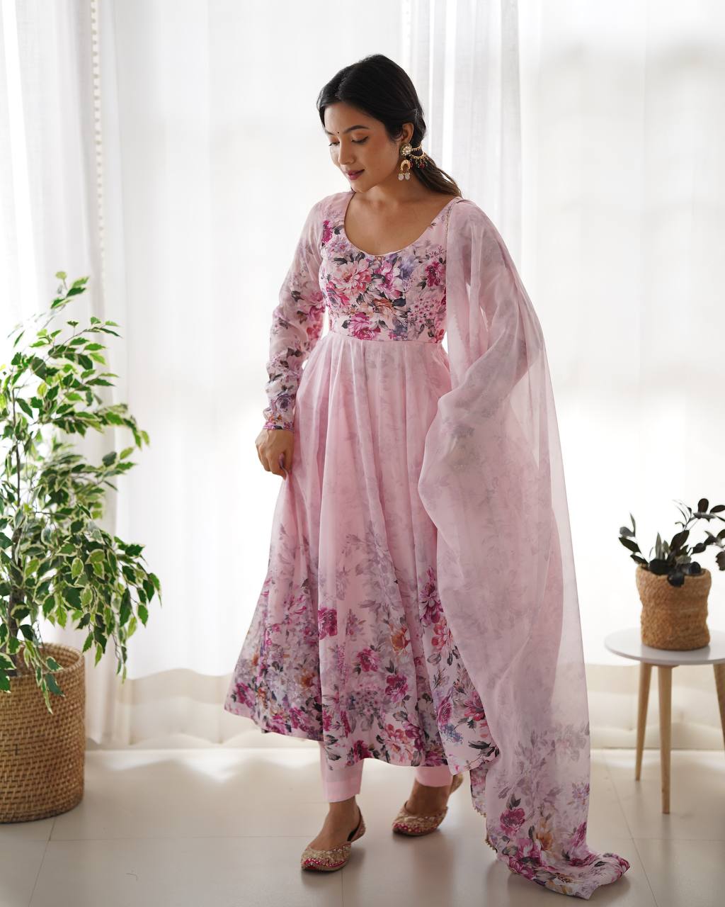 Floral Print Organza Three Piece Anarkali Suit