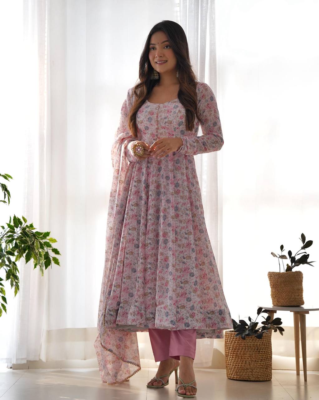 Pastel Floral Printed Organza Anarkali Suit set