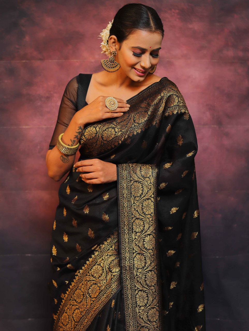 Elegant Banarasi Silk Saree with Rich Golden Zari Work