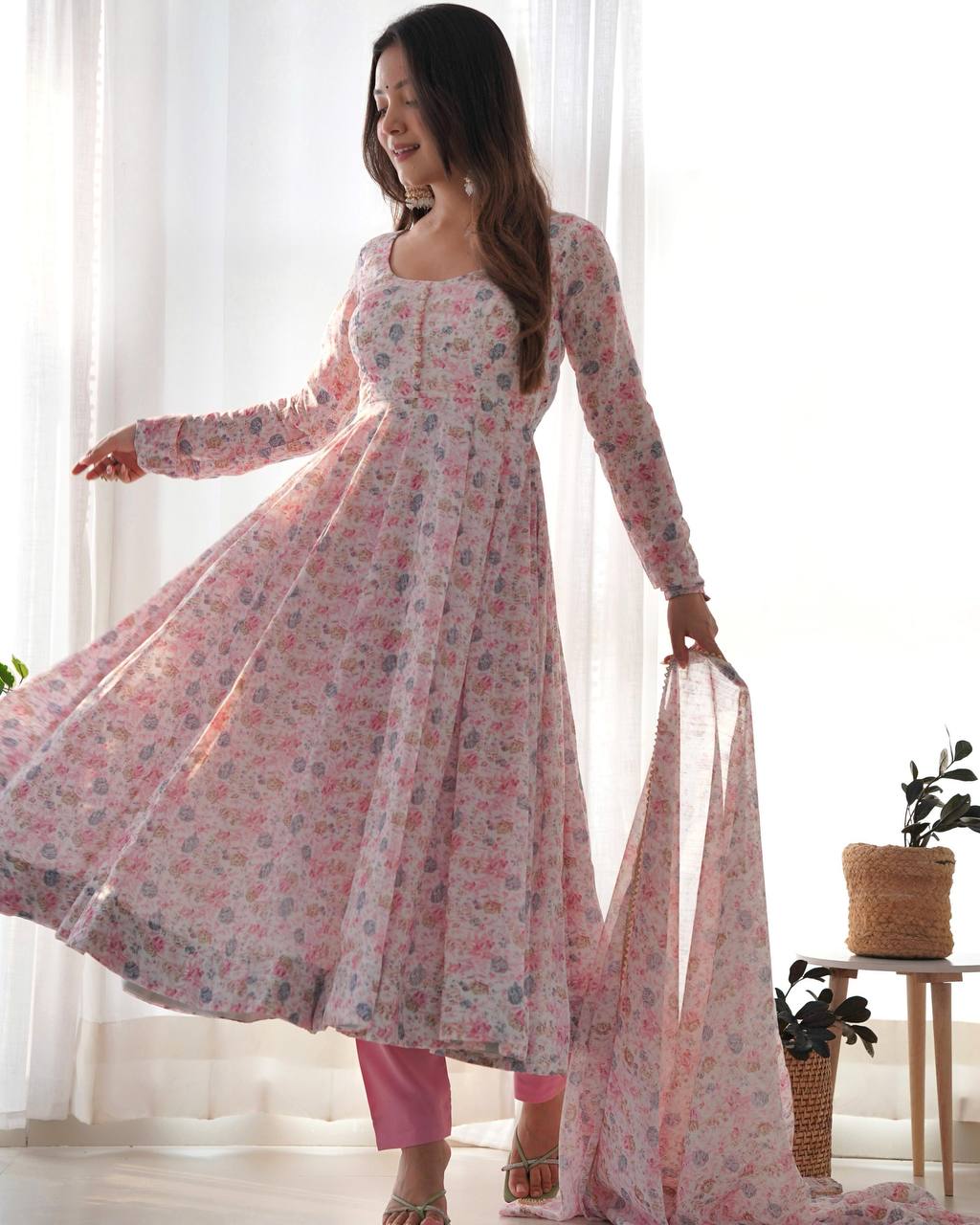 Pastel Floral Printed Organza Anarkali Suit set