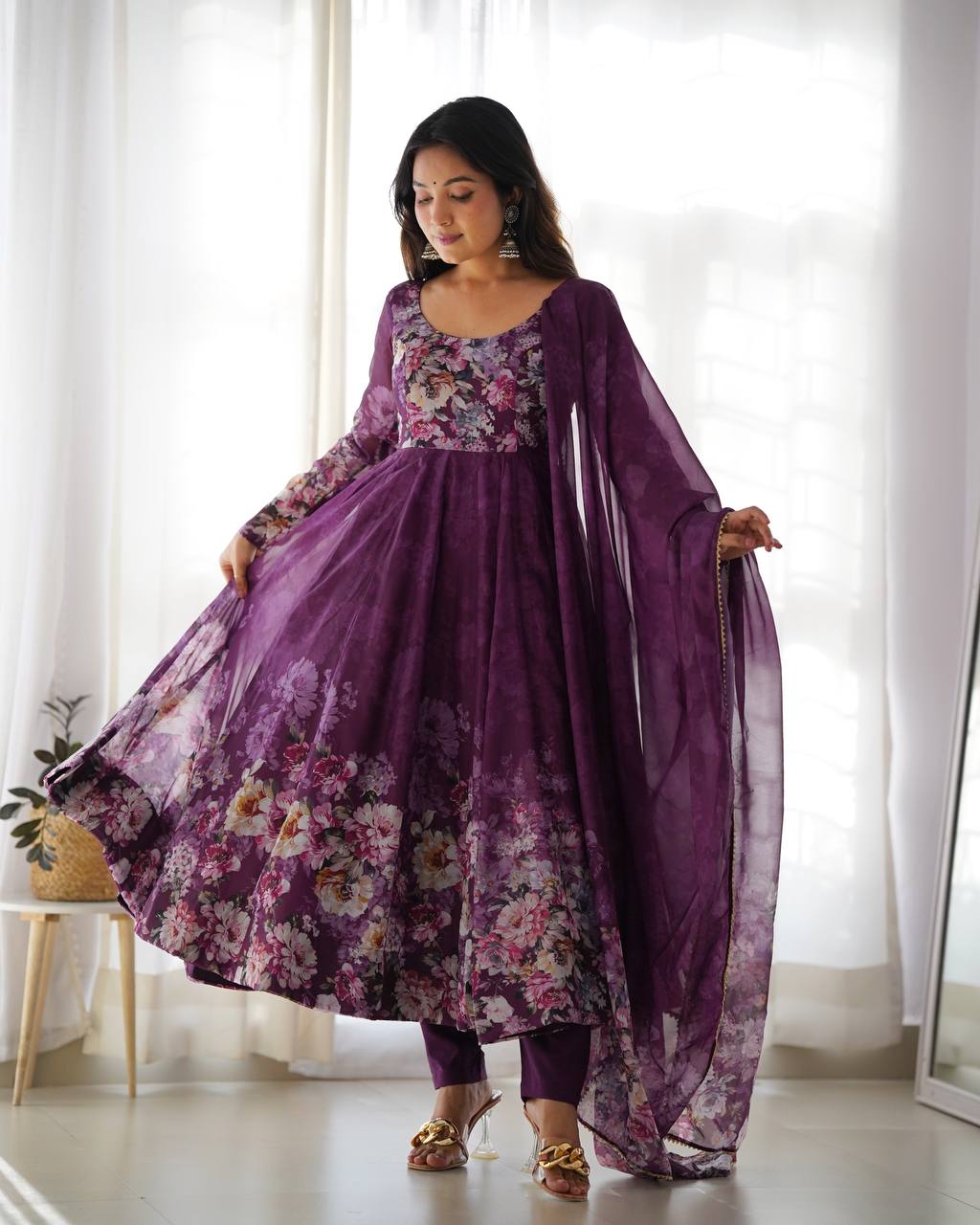Floral Print Organza Three Piece Anarkali Suit