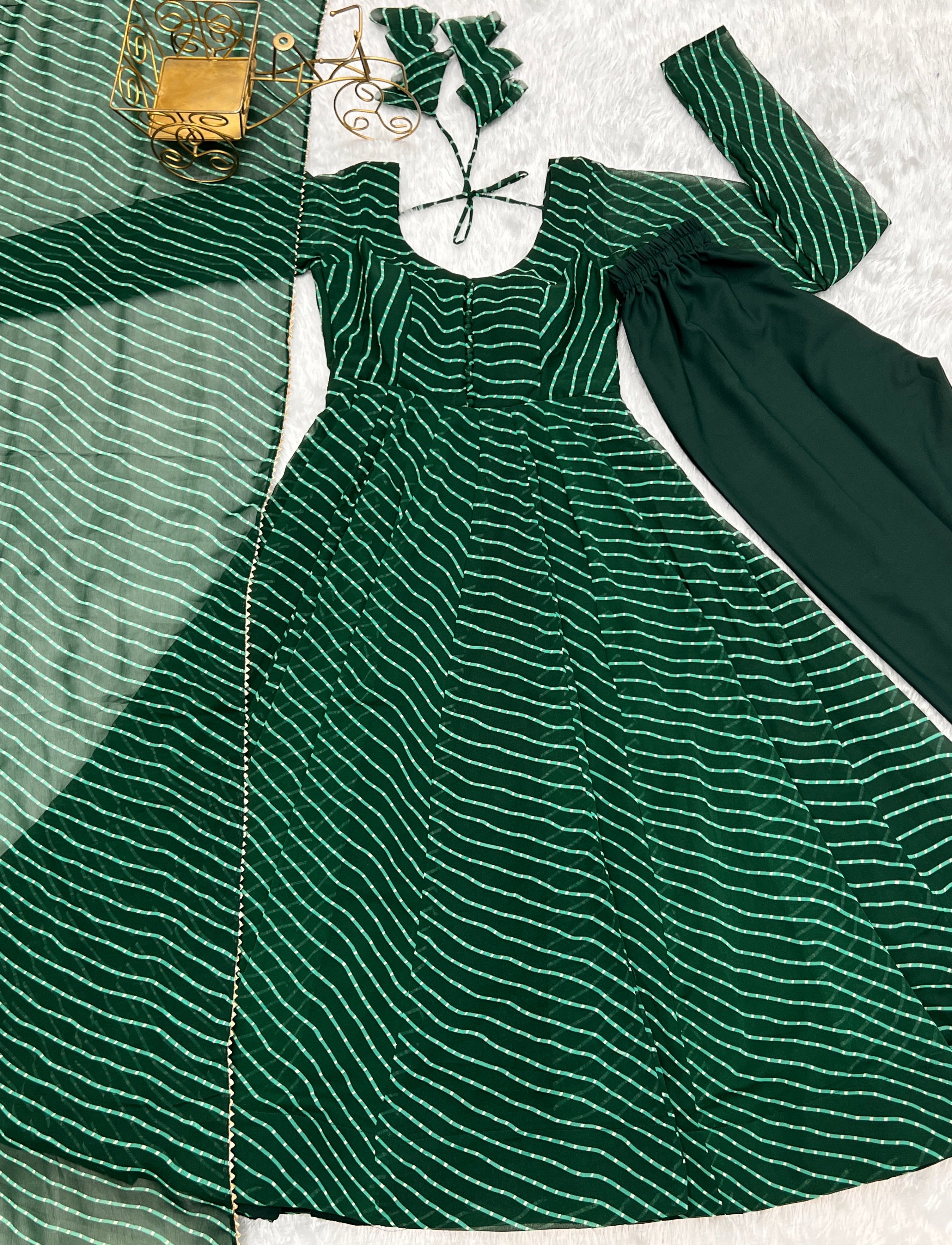 PURE FOX GEORGETTE LAHERIYA PRINT FABRIC FULLY FLAIR ANARKALI,WITH DUPPTA SET,PENT READY TO WEAR