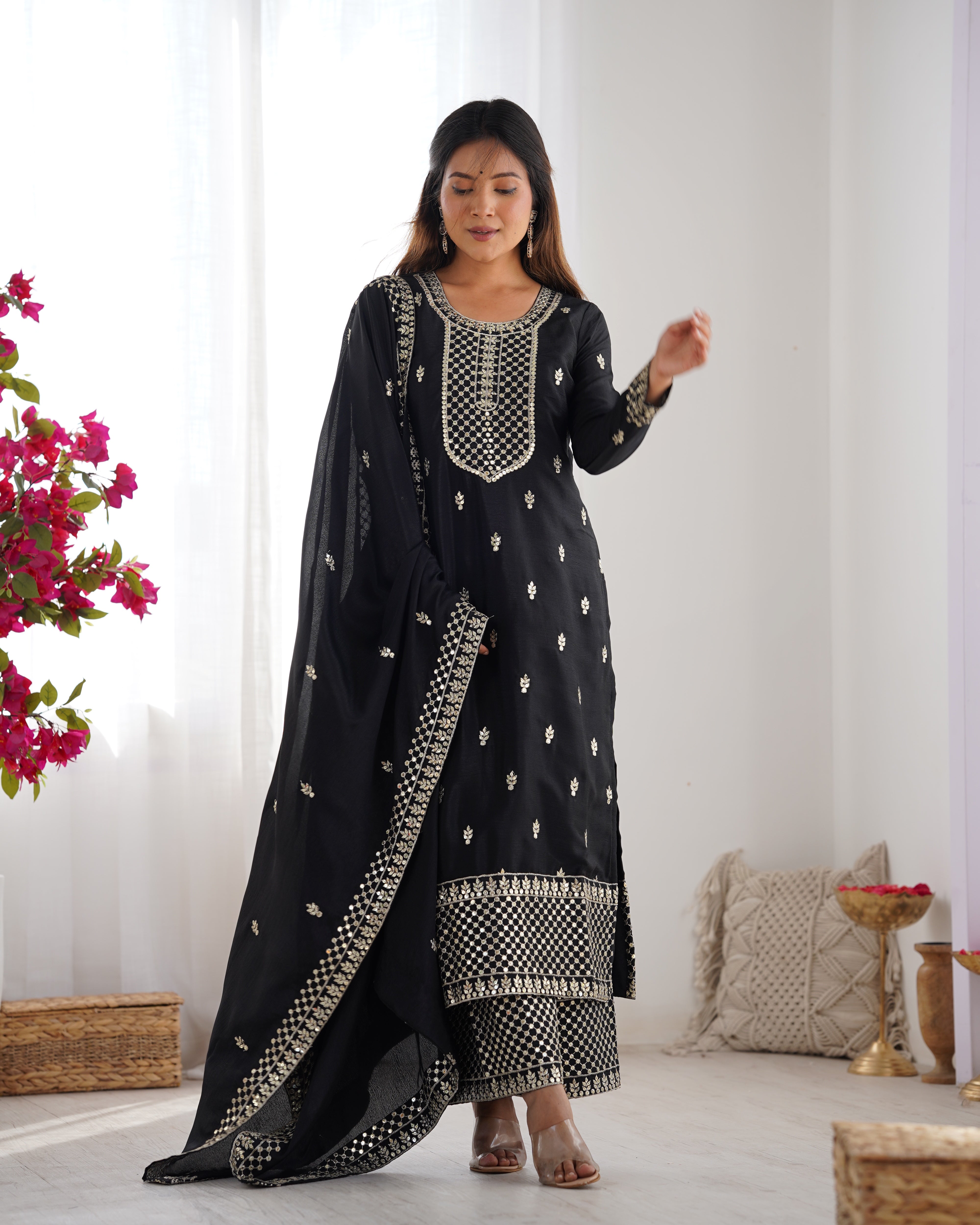 PRESENTING NEW BEAUTIFUL PURE CHINON SILK FABRIC STRAIGHT FIT KURTA WITH DUPPTA SET,TROUSERS,READY TO WEAR*