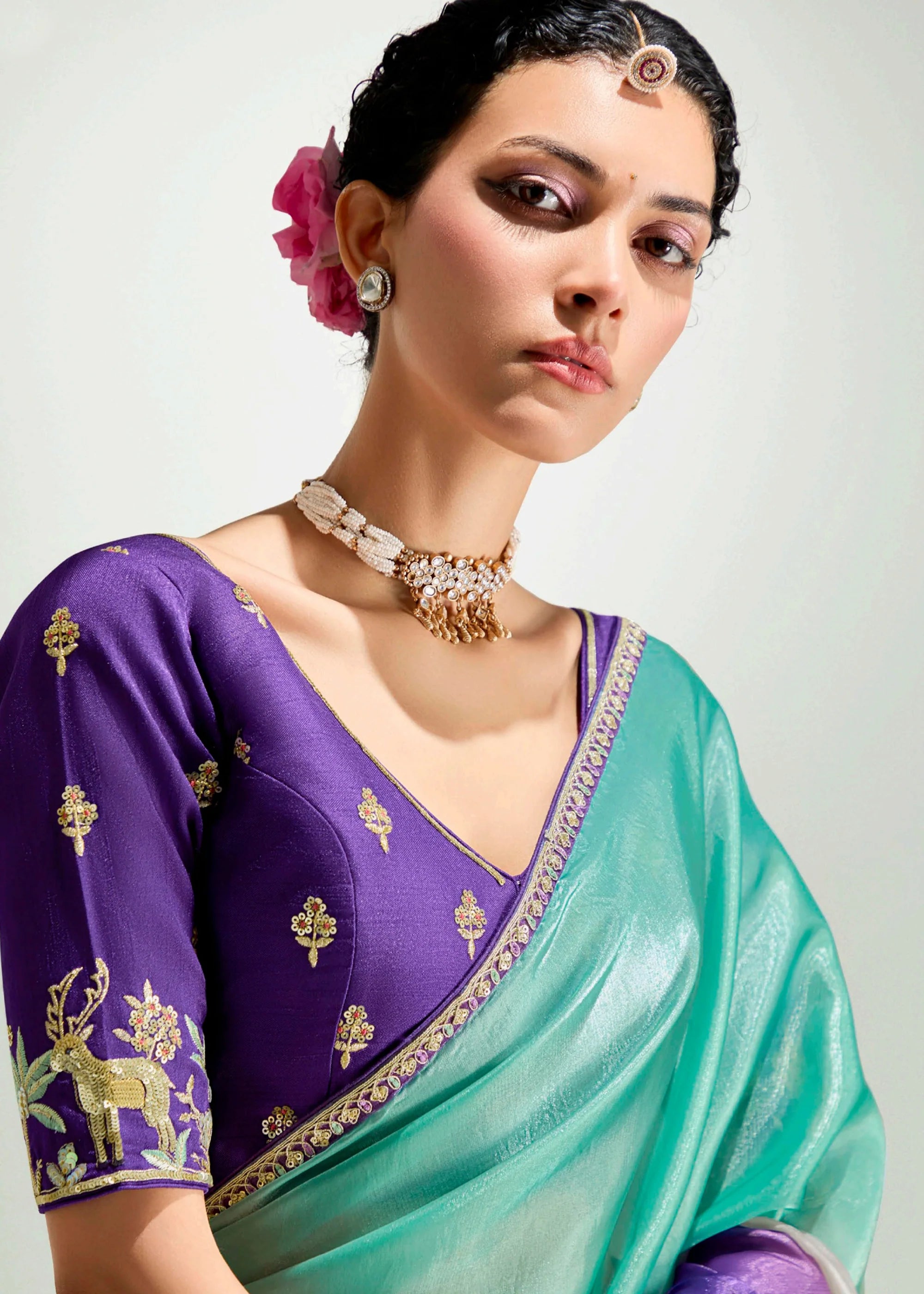 Launching new amazing  Designer Tissue Saree With Embroidered Blouse