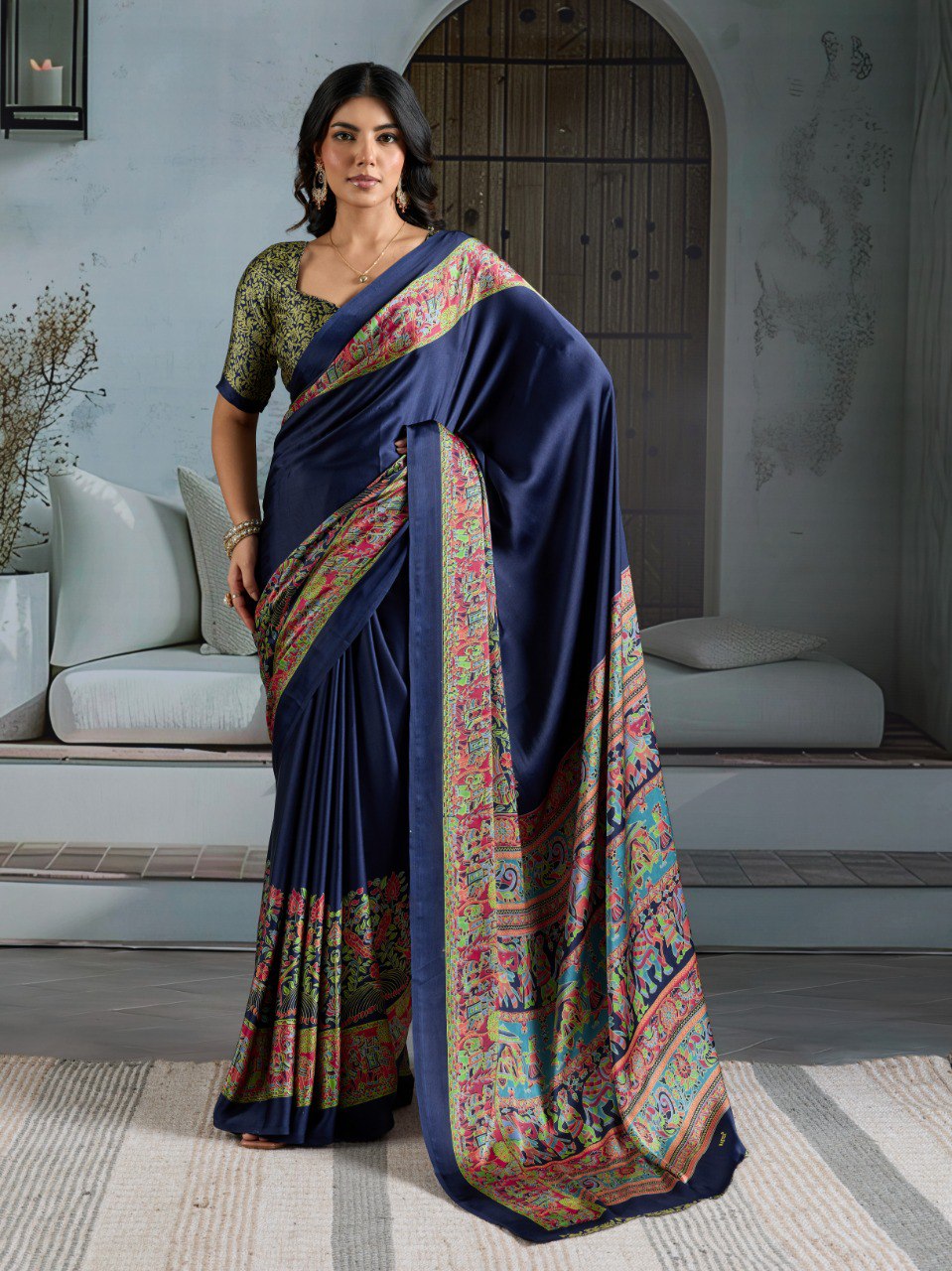 Pure Ajrakh modal satin fabric featuring traditional printed motifs with rich, earthy tones and a soft, breathable feel, perfect for all-day elegance.