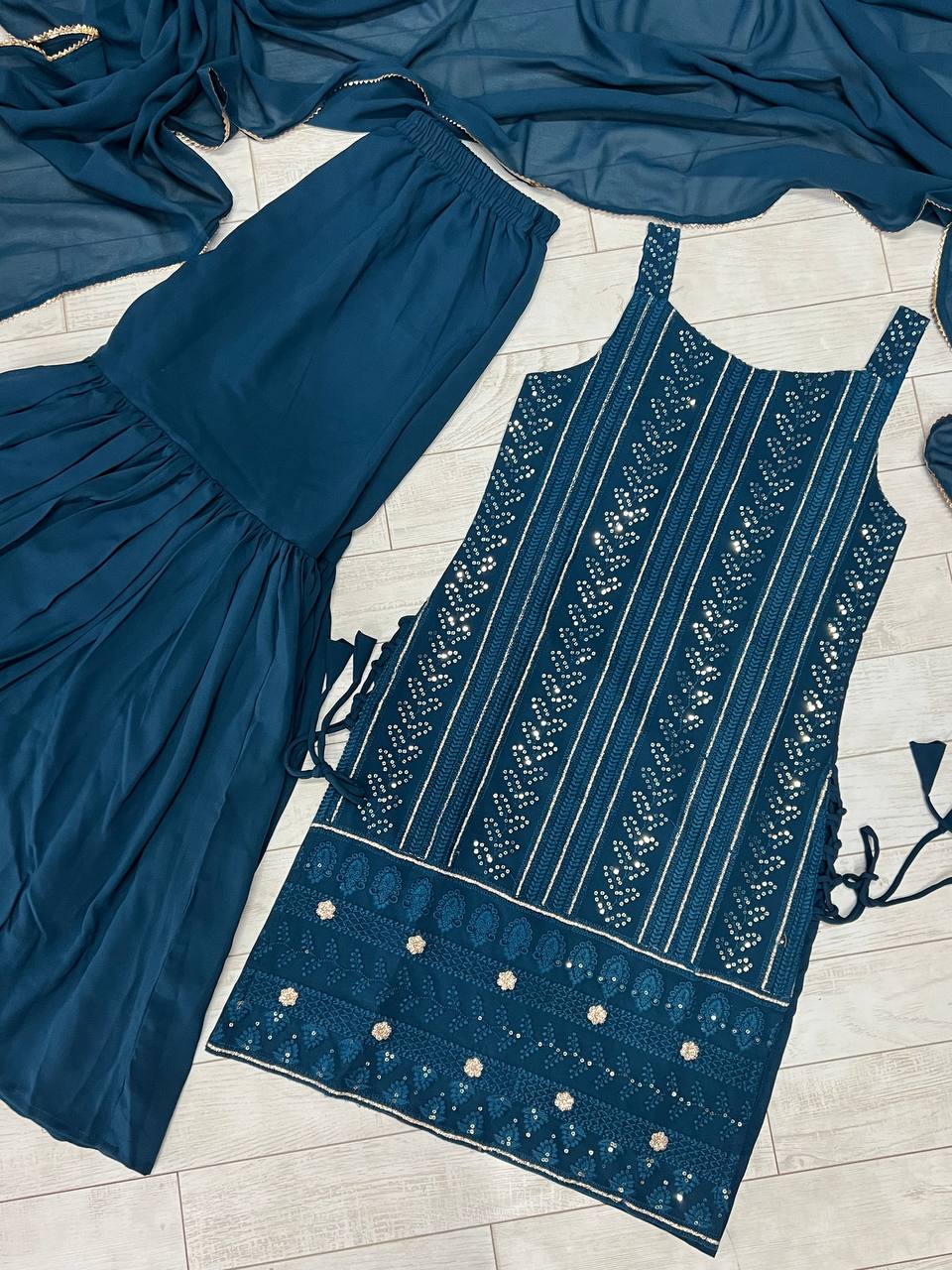 most demanded Beautiful pure Lukhnowi kurta embroidery cotton thread work,sequence work ,sharara And duppta set ready to wear*