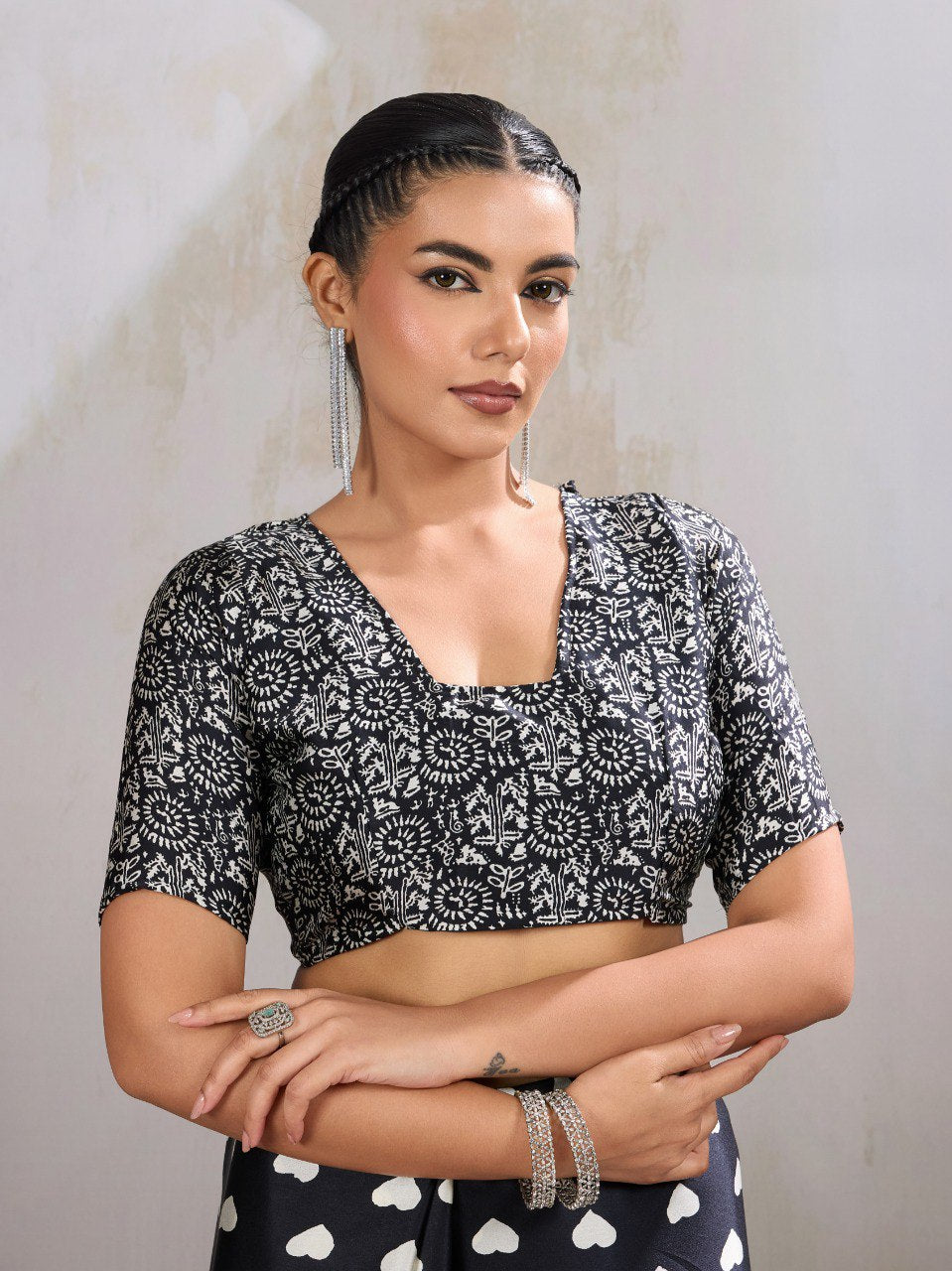 Pure Ajrakh modal satin fabric featuring traditional printed motifs with rich, earthy tones and a soft, breathable feel, perfect for all-day elegance.
