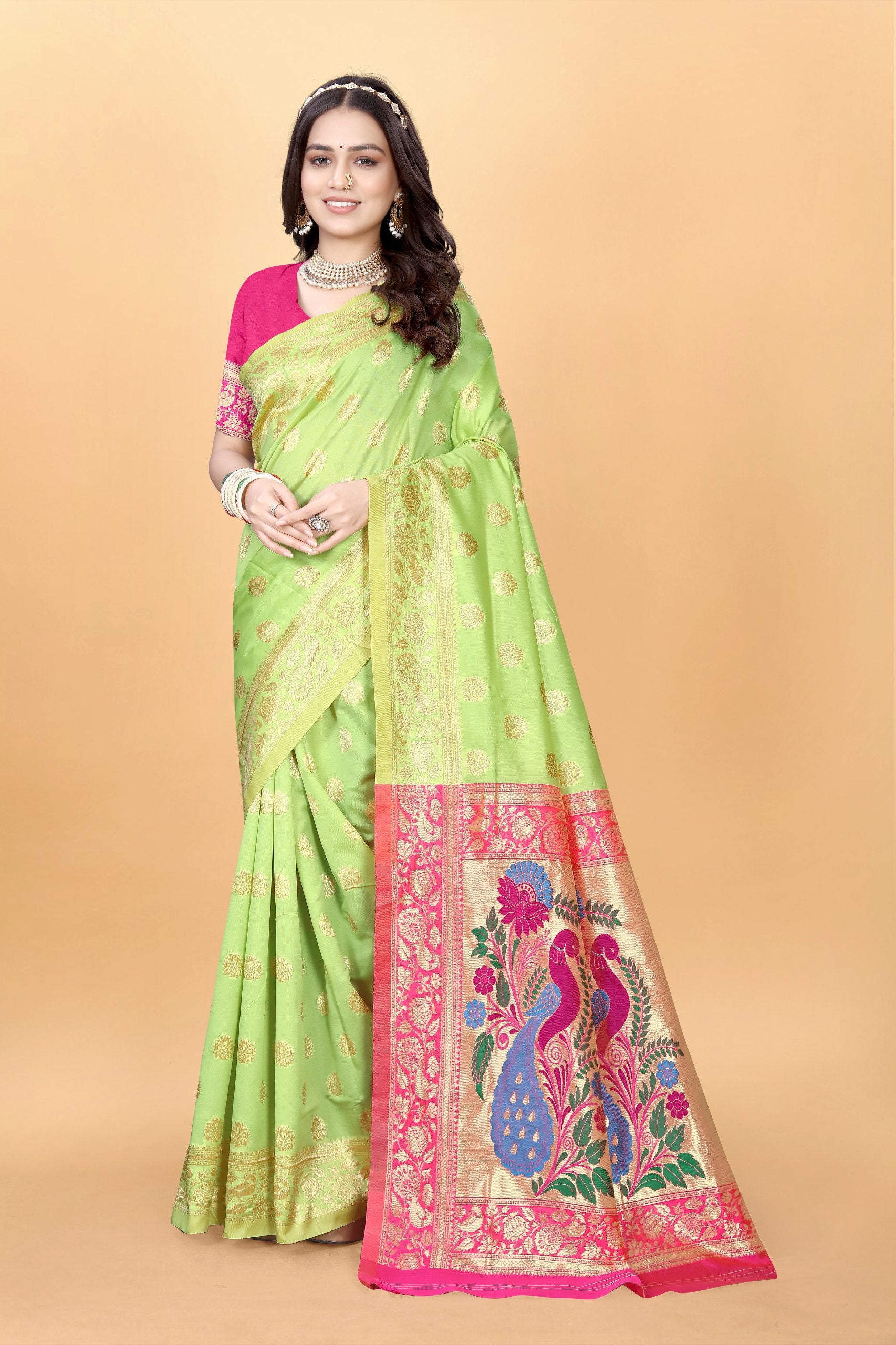 Majestic Banarasi Silk Saree with Dual Peacock Pallu and Zari Detailing