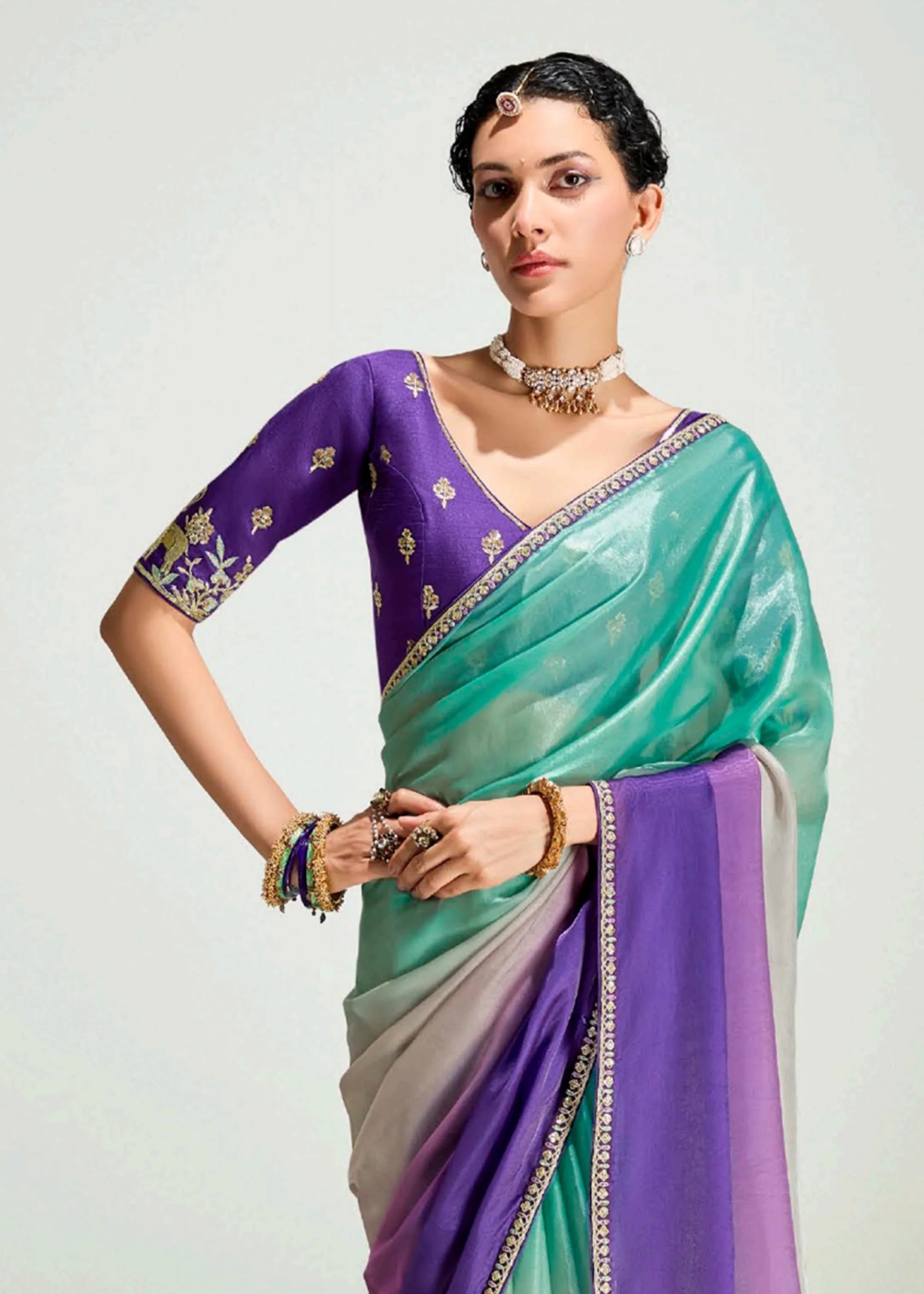 Launching new amazing  Designer Tissue Saree With Embroidered Blouse