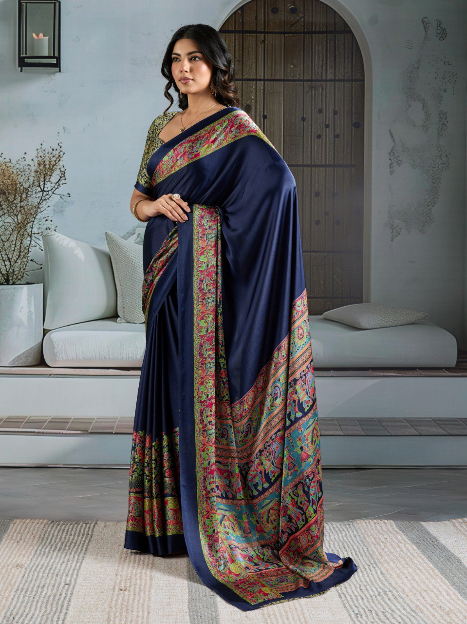 Pure Ajrakh modal satin fabric featuring traditional printed motifs with rich, earthy tones and a soft, breathable feel, perfect for all-day elegance.