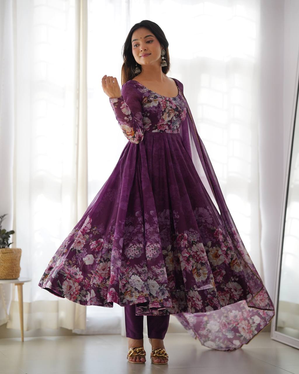 Floral Print Organza Three Piece Anarkali Suit