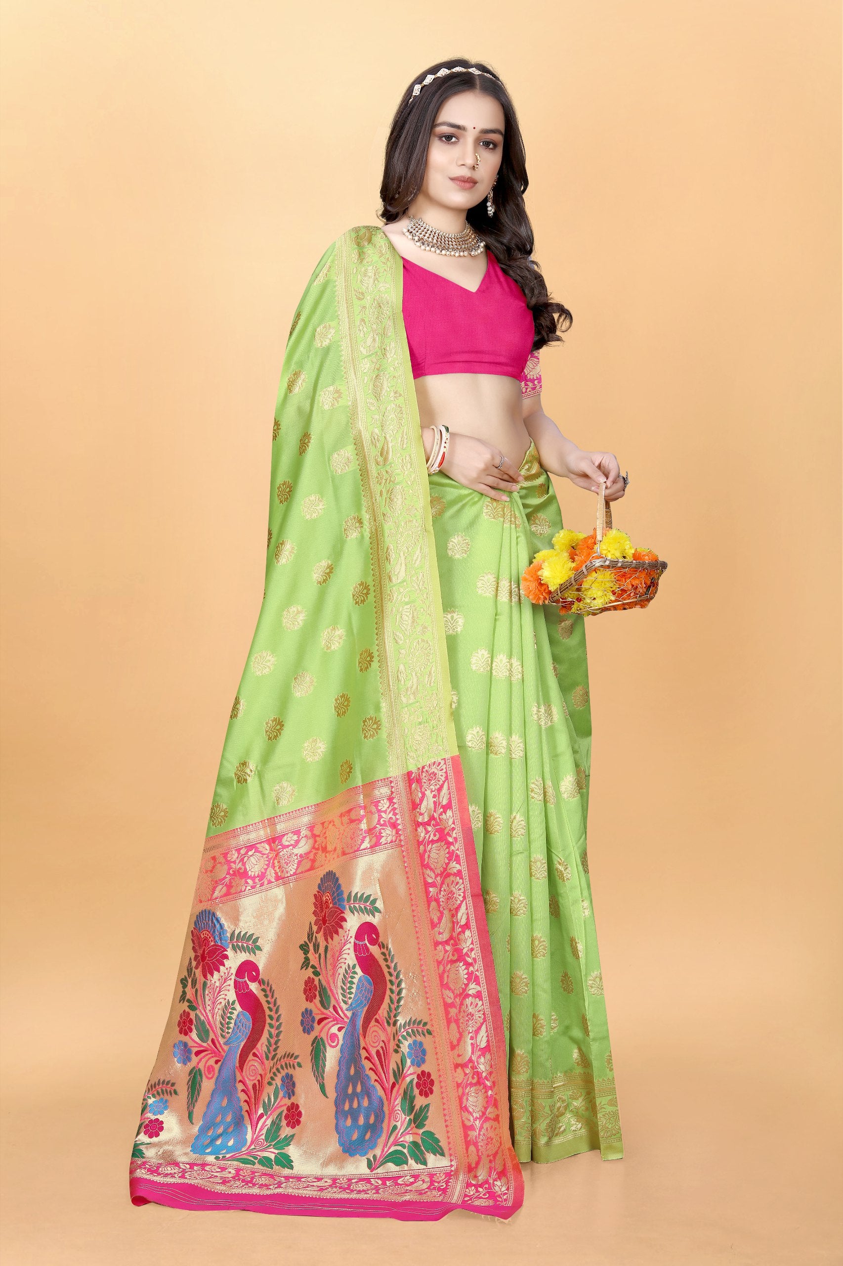 Majestic Banarasi Silk Saree with Dual Peacock Pallu and Zari Detailing