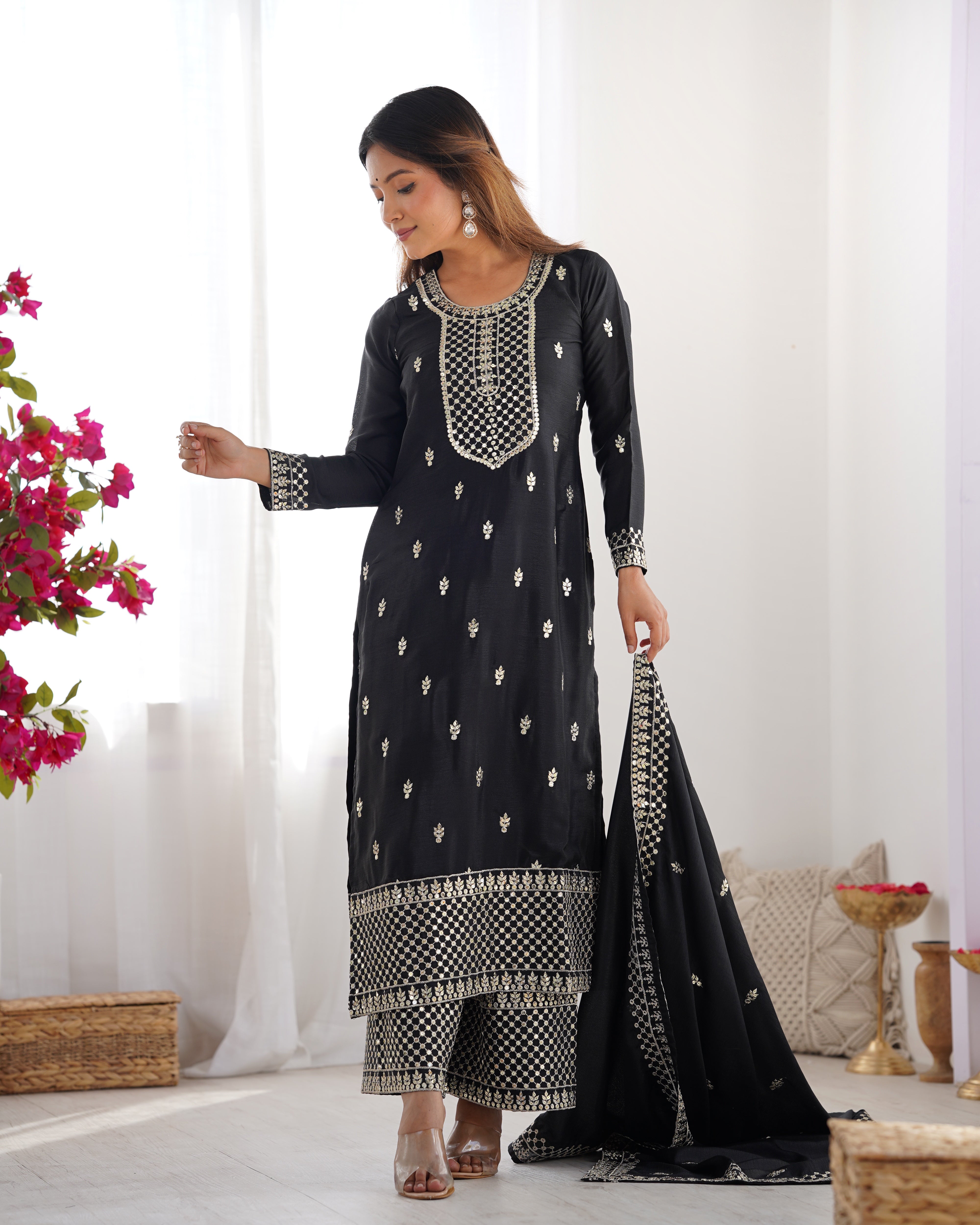 PRESENTING NEW BEAUTIFUL PURE CHINON SILK FABRIC STRAIGHT FIT KURTA WITH DUPPTA SET,TROUSERS,READY TO WEAR*