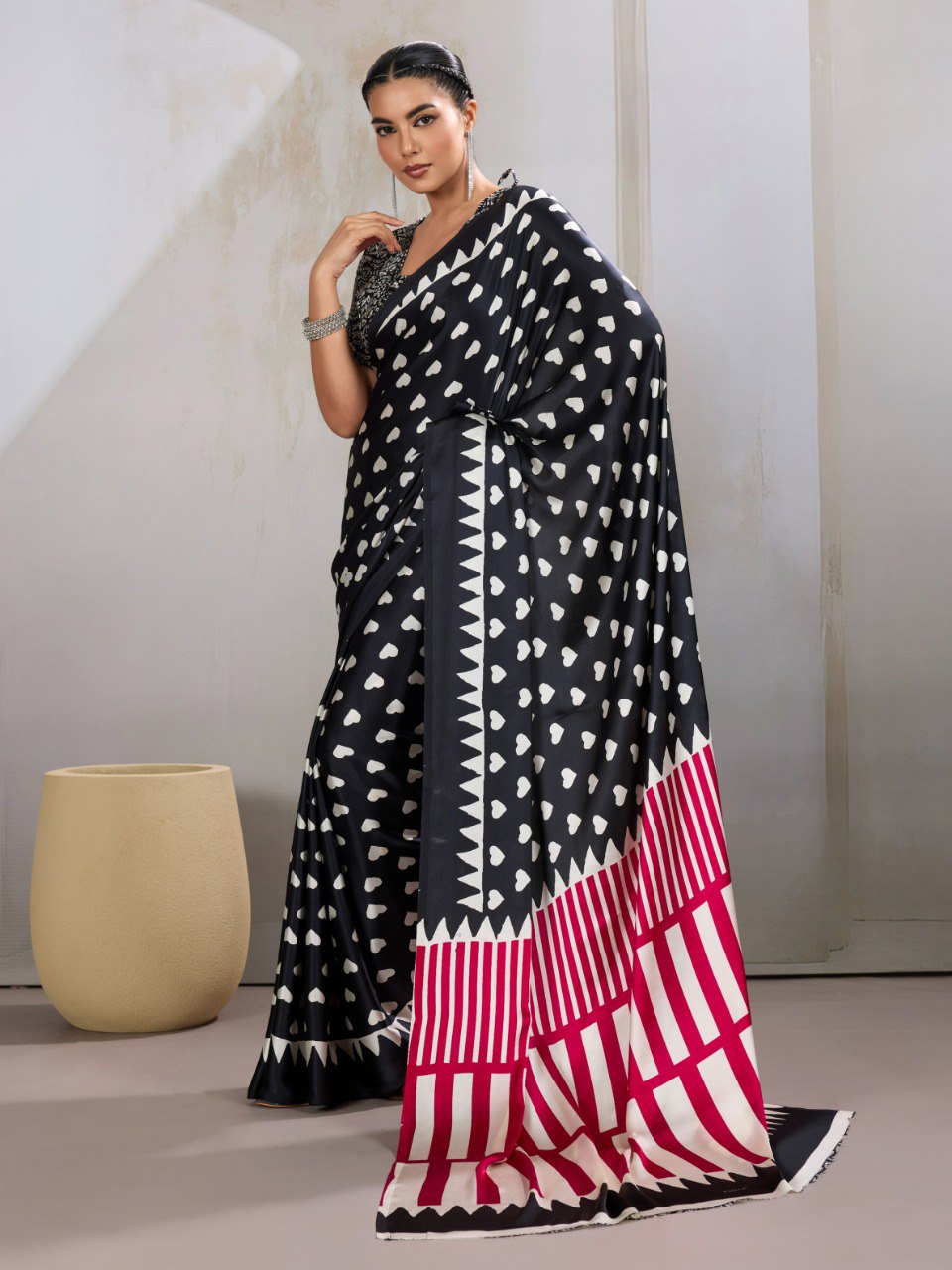 Pure Ajrakh modal satin fabric featuring traditional printed motifs with rich, earthy tones and a soft, breathable feel, perfect for all-day elegance.