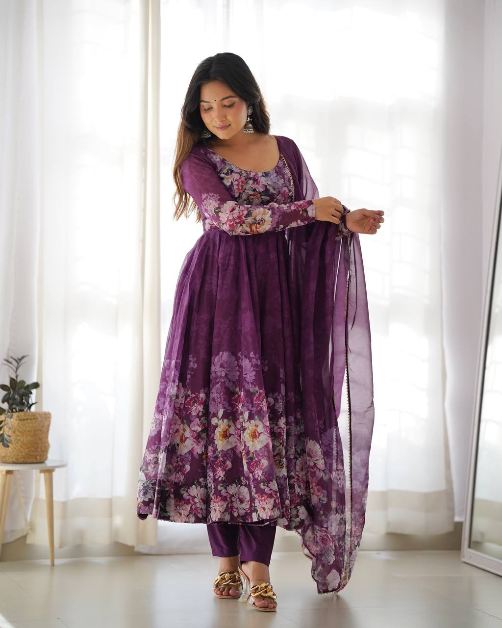 Floral Print Organza Three Piece Anarkali Suit