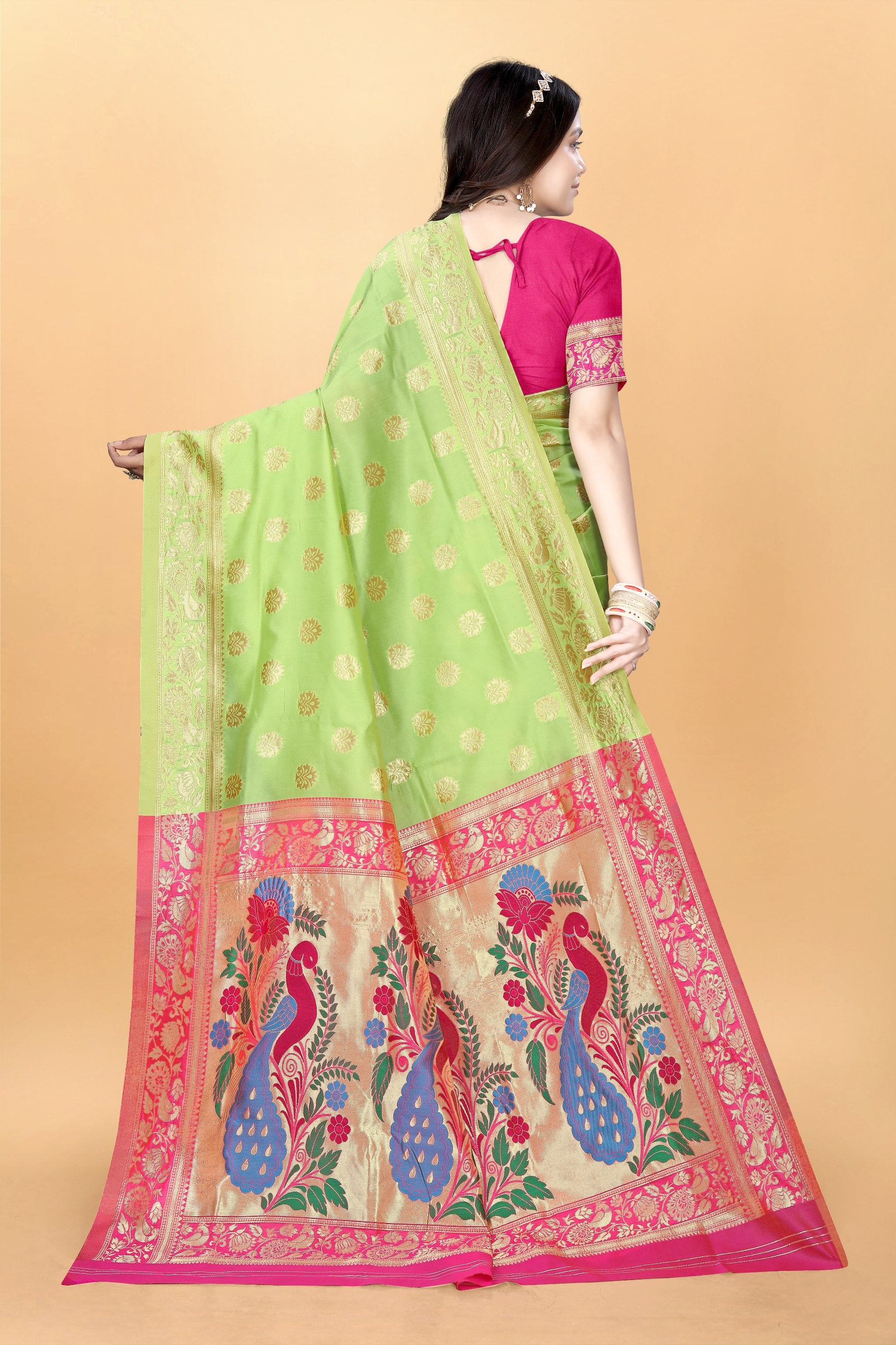 Majestic Banarasi Silk Saree with Dual Peacock Pallu and Zari Detailing