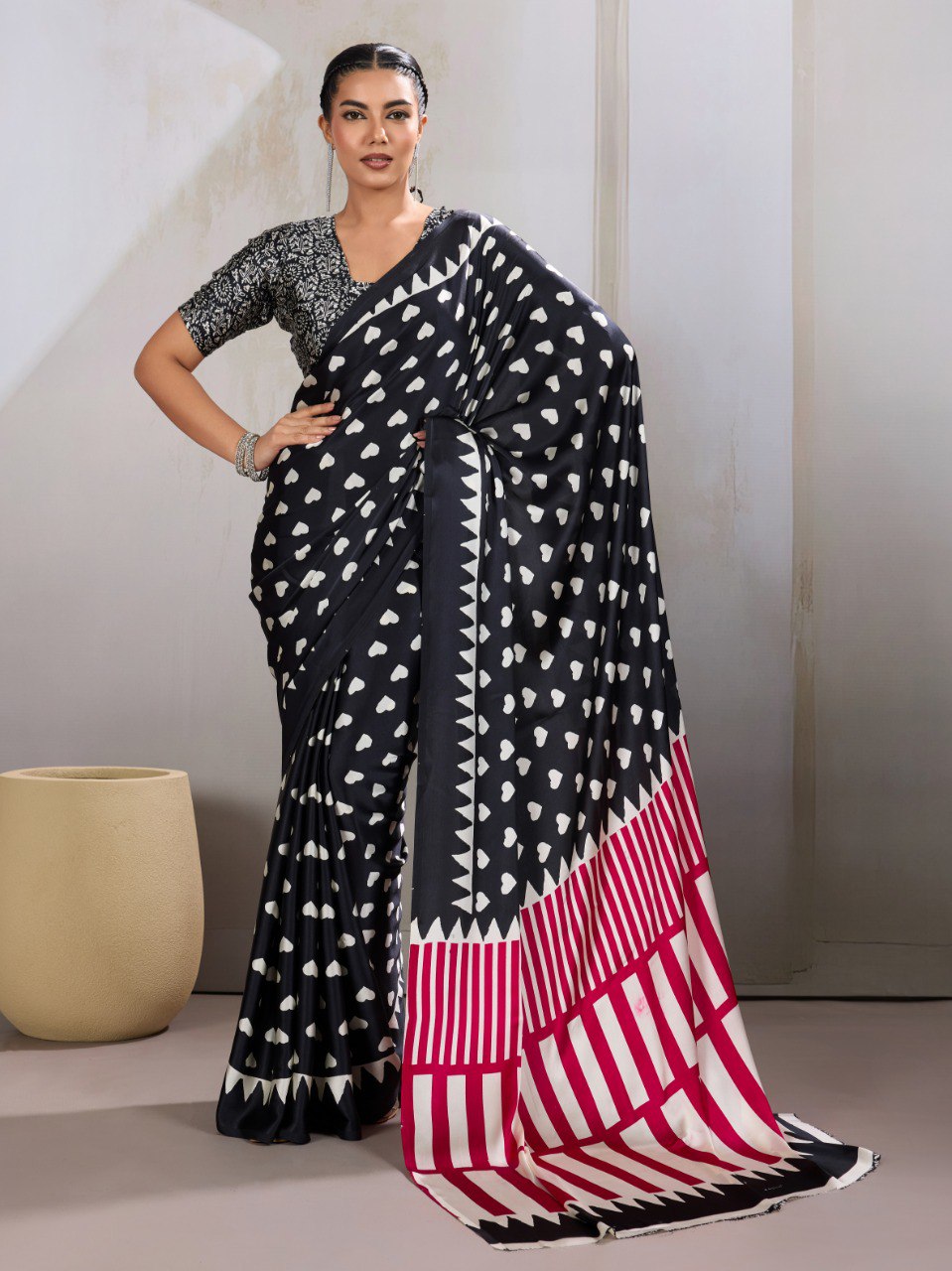 Pure Ajrakh modal satin fabric featuring traditional printed motifs with rich, earthy tones and a soft, breathable feel, perfect for all-day elegance.