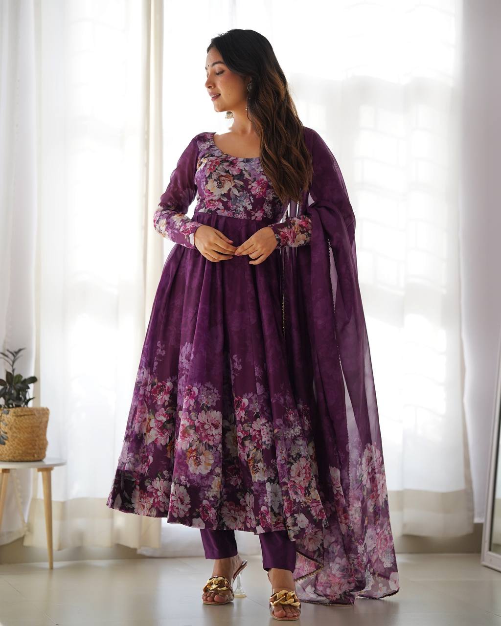 Floral Print Organza Three Piece Anarkali Suit