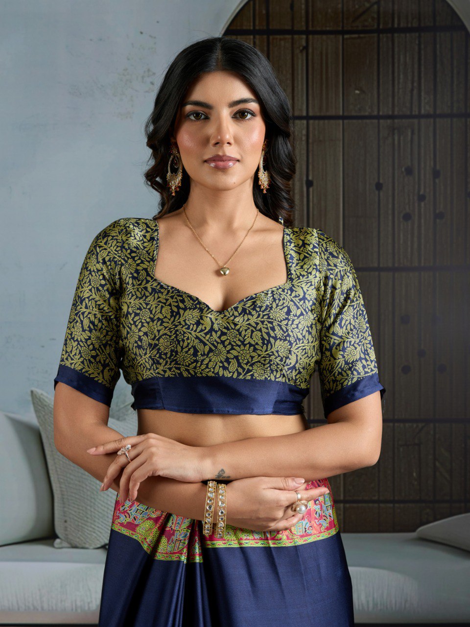 Pure Ajrakh modal satin fabric featuring traditional printed motifs with rich, earthy tones and a soft, breathable feel, perfect for all-day elegance.