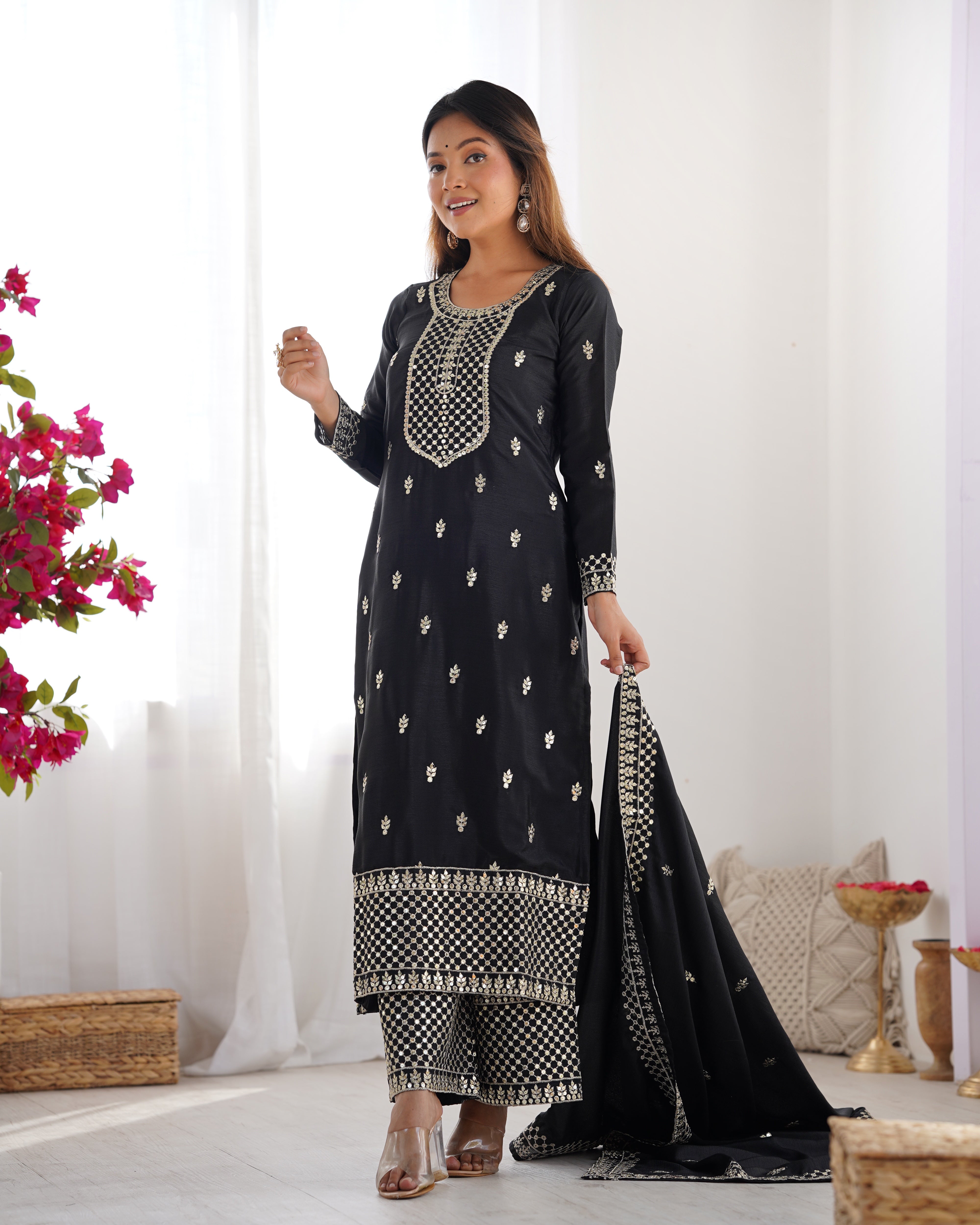 PRESENTING NEW BEAUTIFUL PURE CHINON SILK FABRIC STRAIGHT FIT KURTA WITH DUPPTA SET,TROUSERS,READY TO WEAR*