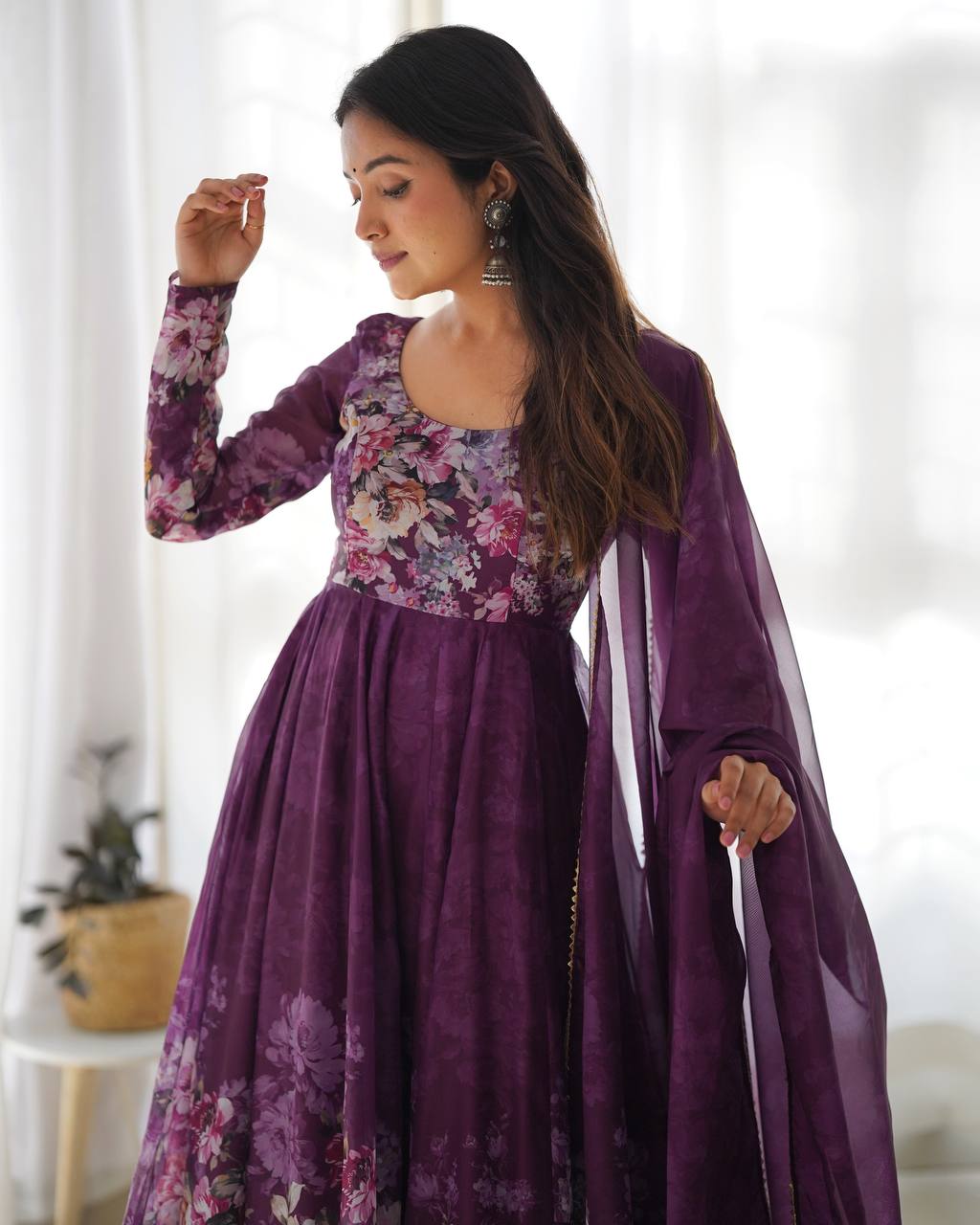 Floral Print Organza Three Piece Anarkali Suit