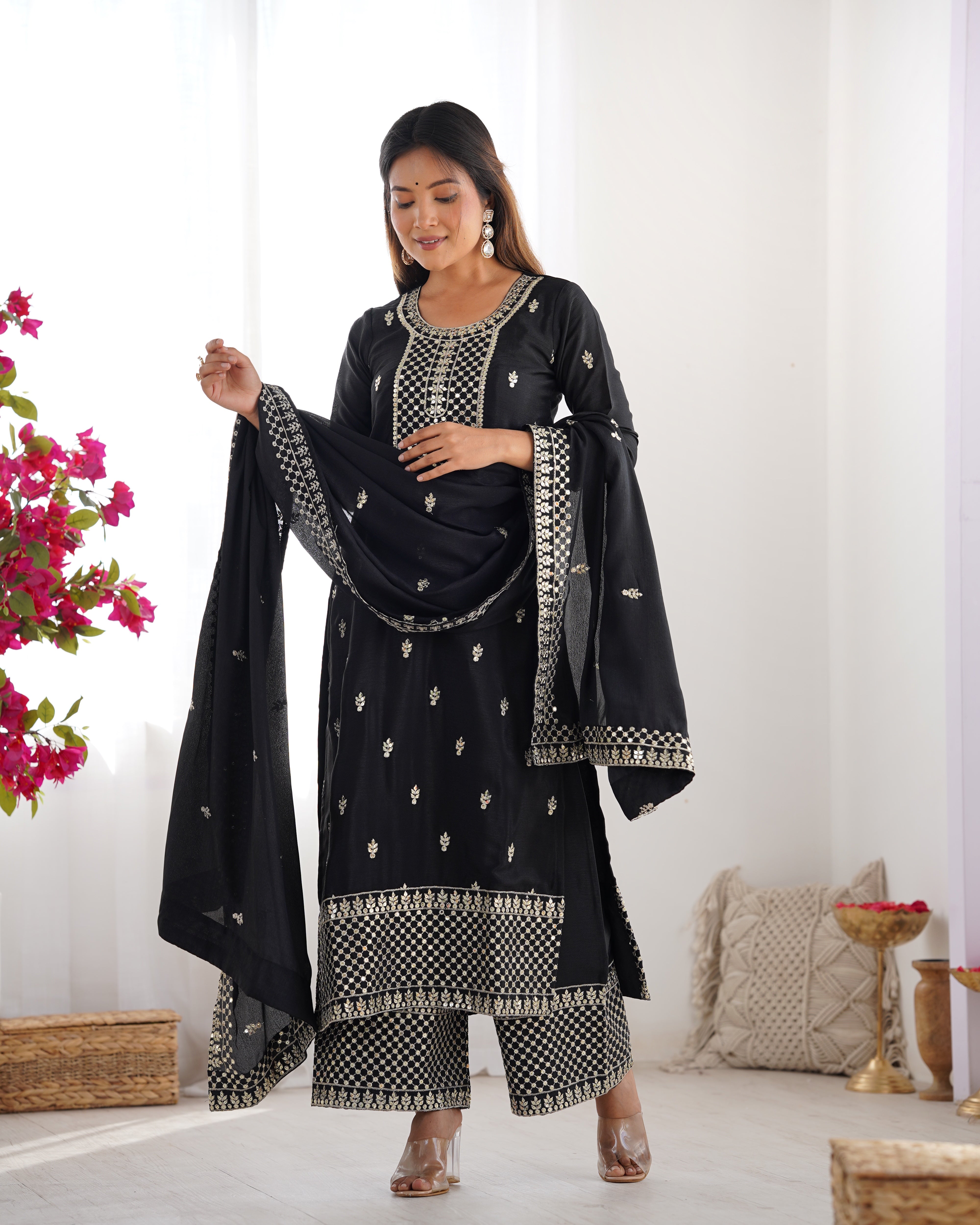 PRESENTING NEW BEAUTIFUL PURE CHINON SILK FABRIC STRAIGHT FIT KURTA WITH DUPPTA SET,TROUSERS,READY TO WEAR*