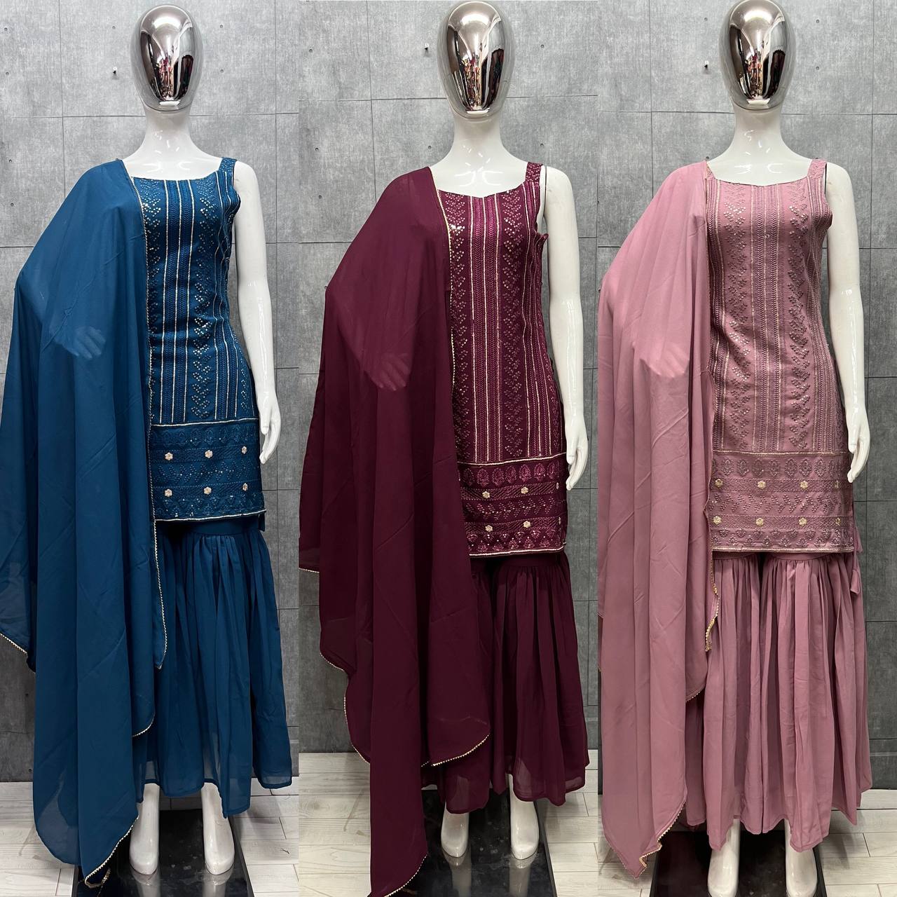 most demanded Beautiful pure Lukhnowi kurta embroidery cotton thread work,sequence work ,sharara And duppta set ready to wear*