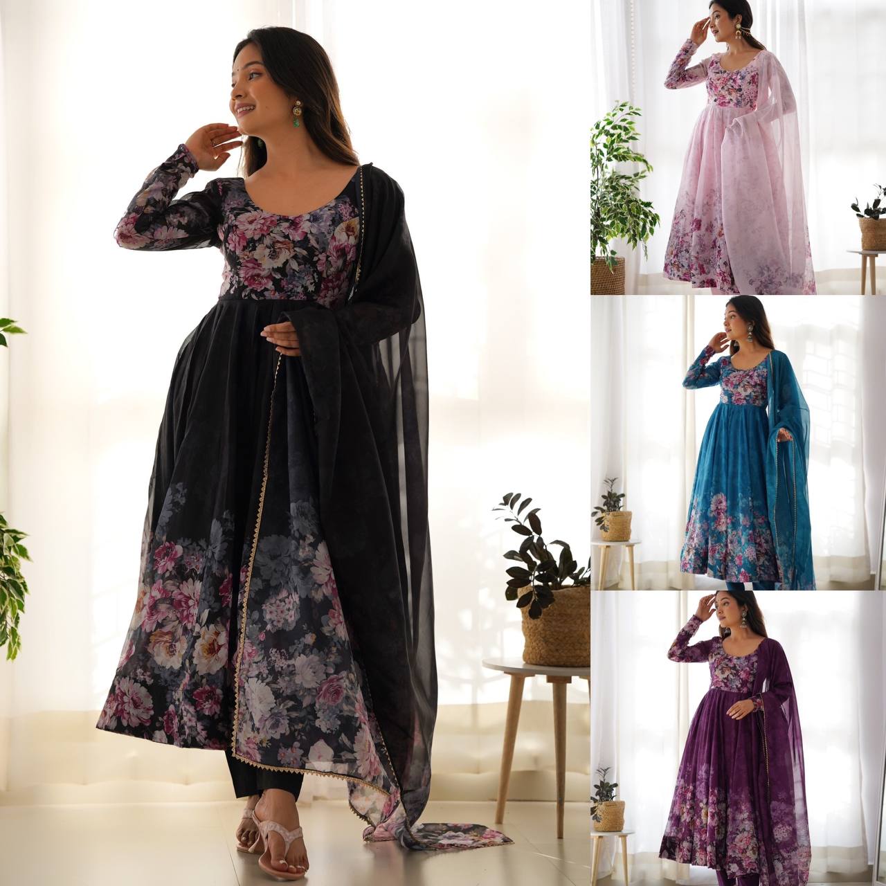 Floral Print Organza Three Piece Anarkali Suit