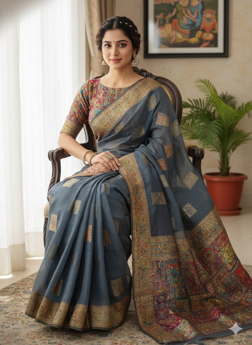 This beautiful Zari work saree gives a perfect look to the outfit