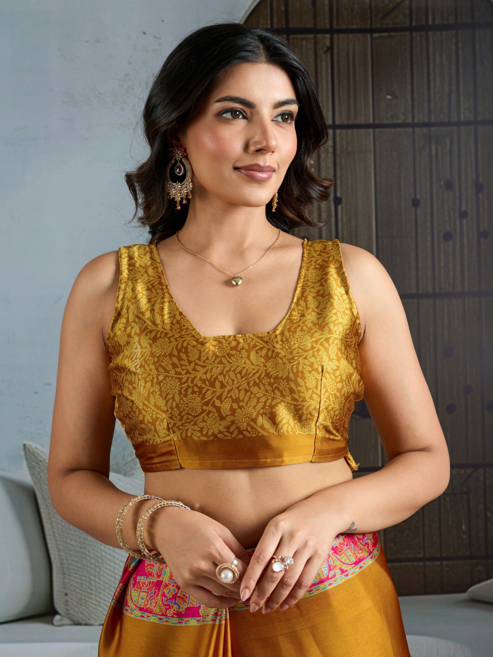 Pure Ajrakh modal satin fabric featuring traditional printed motifs with rich, earthy tones and a soft, breathable feel, perfect for all-day elegance.