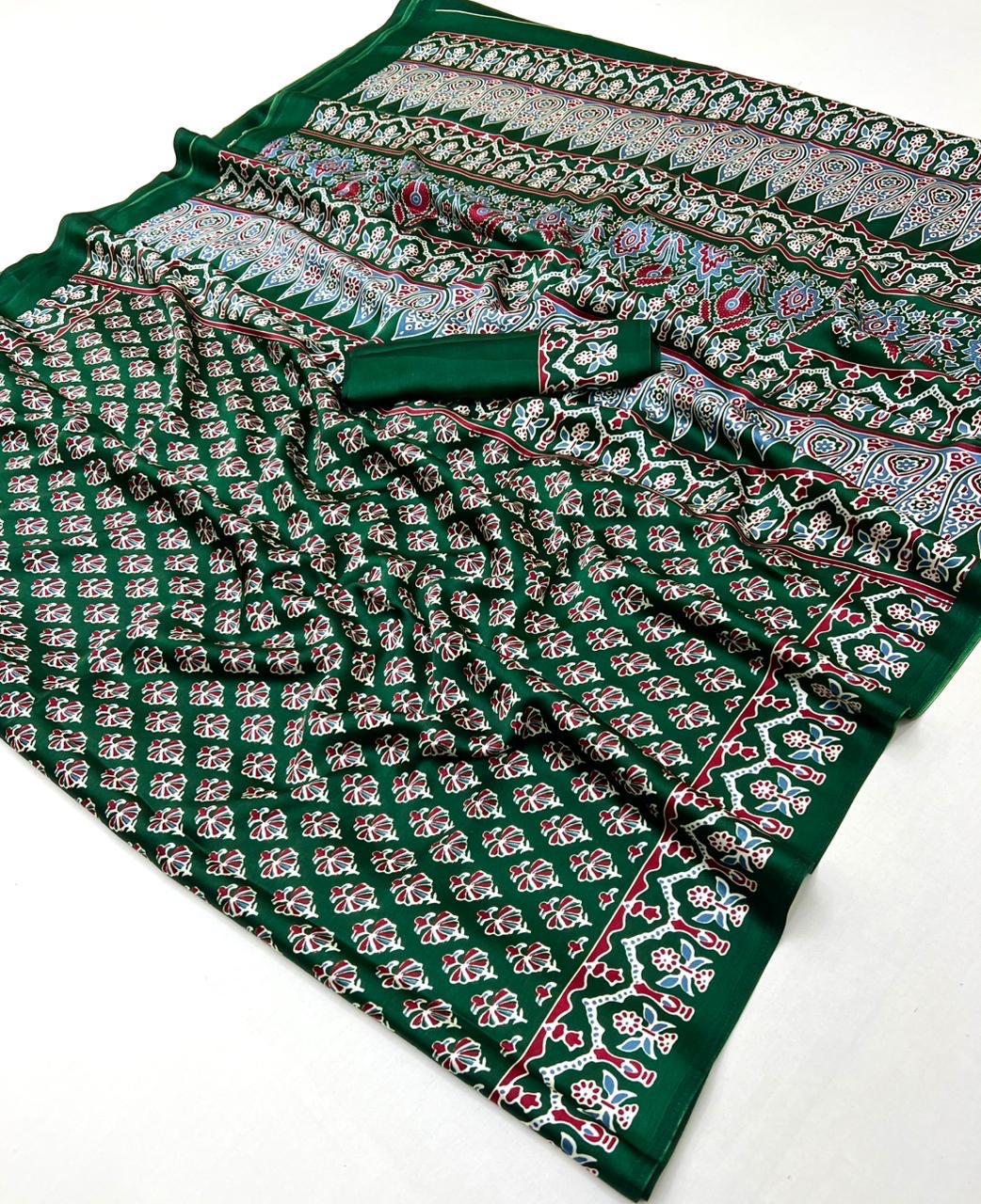 Pure Ajrakh modal satin fabric featuring traditional printed motifs with rich, earthy tones and a soft, breathable feel, perfect for all-day elegance.