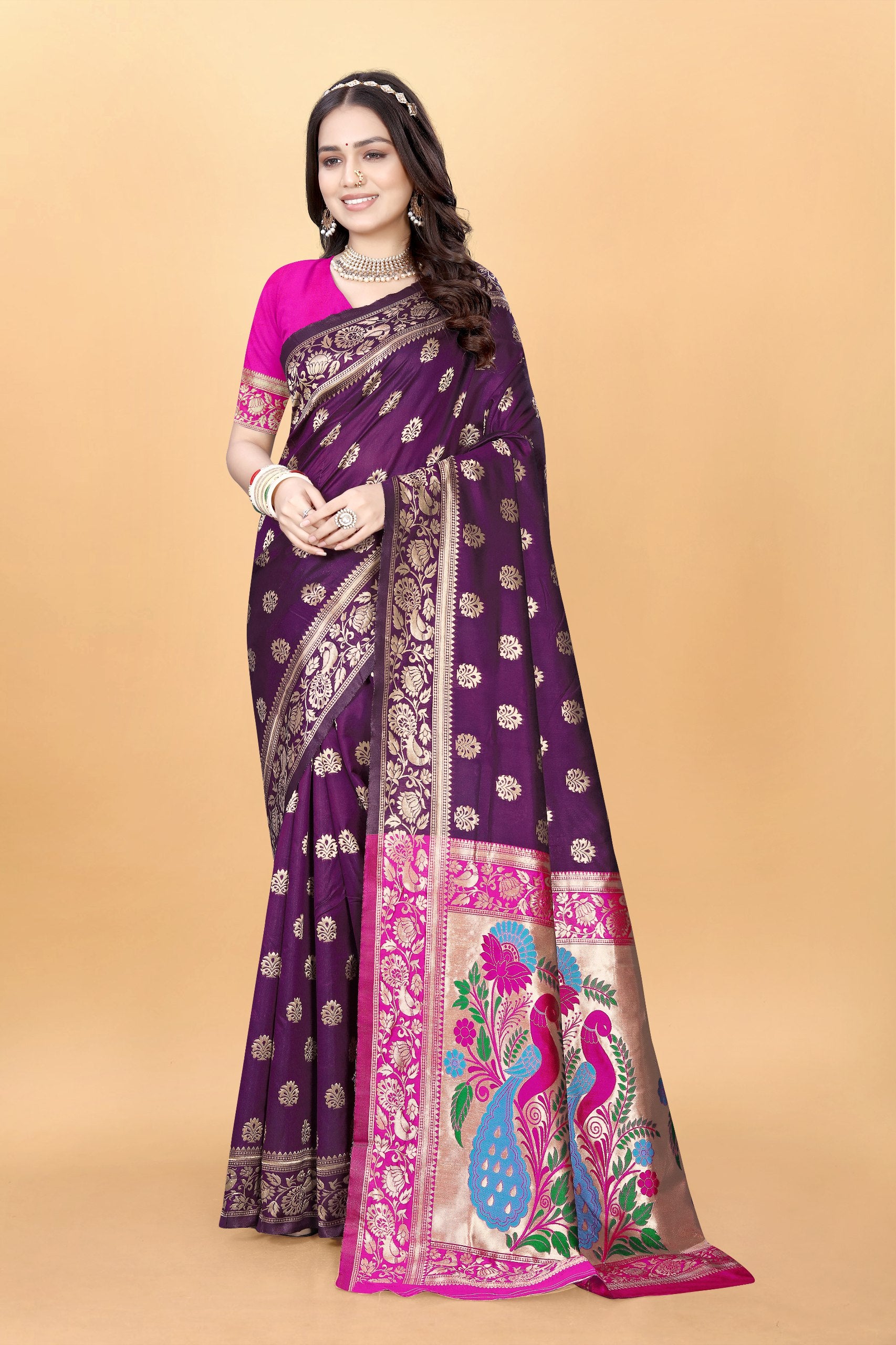 Majestic Banarasi Silk Saree with Dual Peacock Pallu and Zari Detailing
