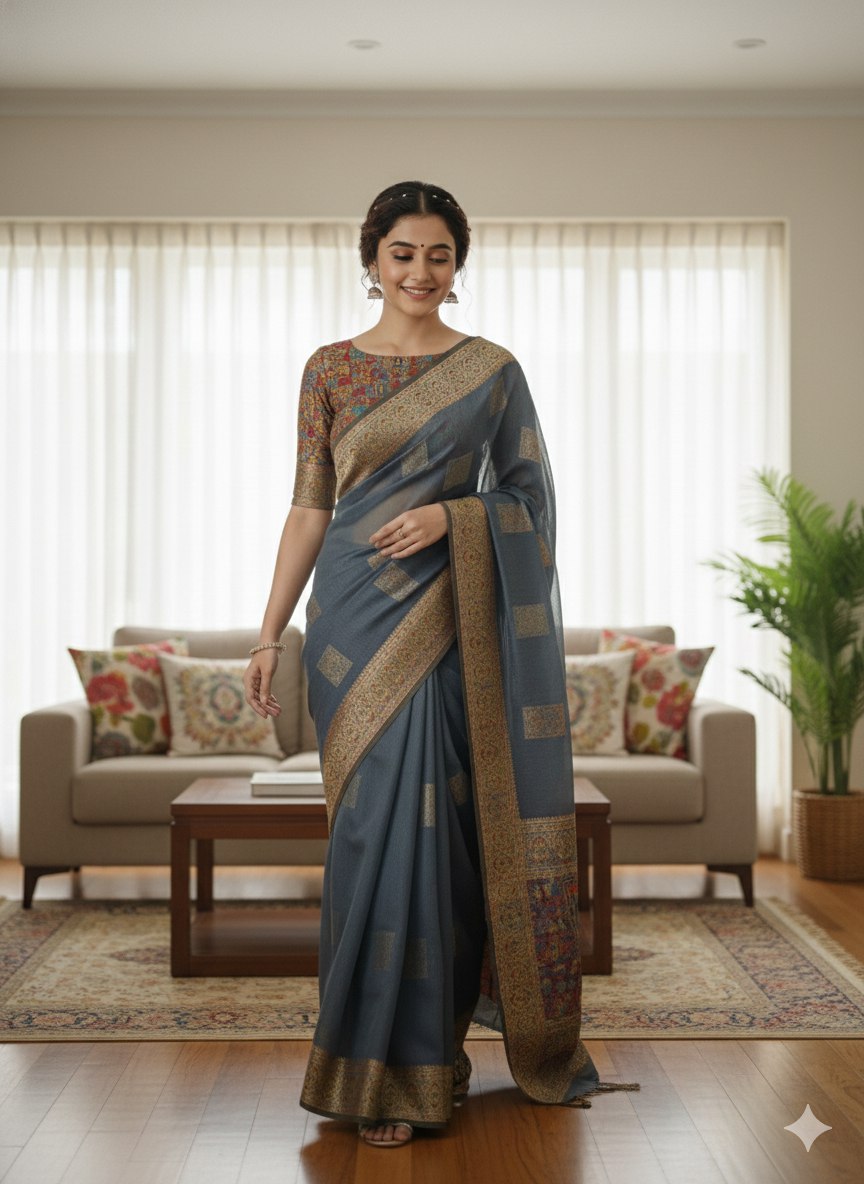 This beautiful Zari work saree gives a perfect look to the outfit