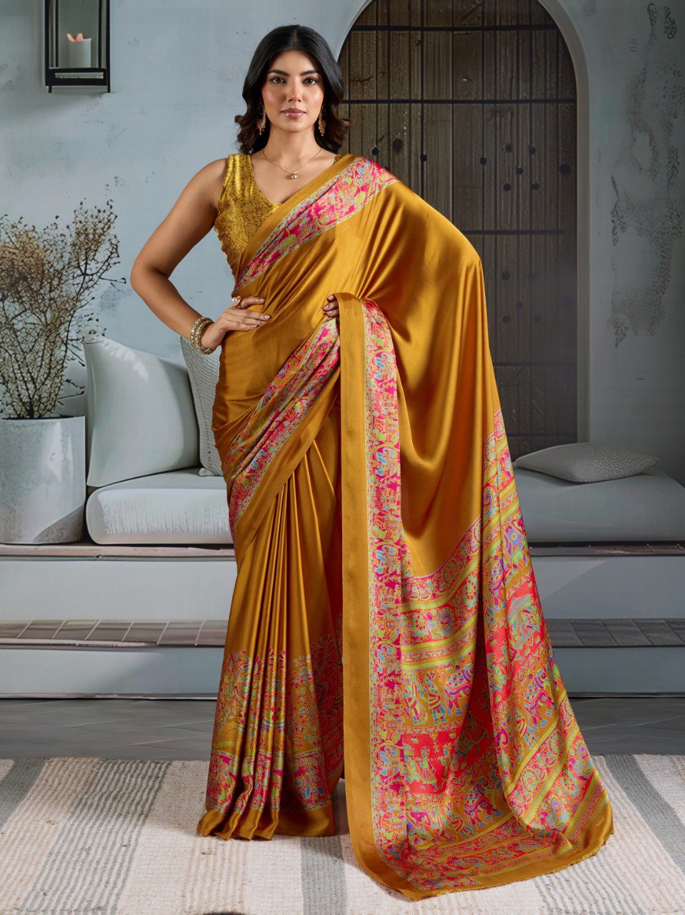 Pure Ajrakh modal satin fabric featuring traditional printed motifs with rich, earthy tones and a soft, breathable feel, perfect for all-day elegance.
