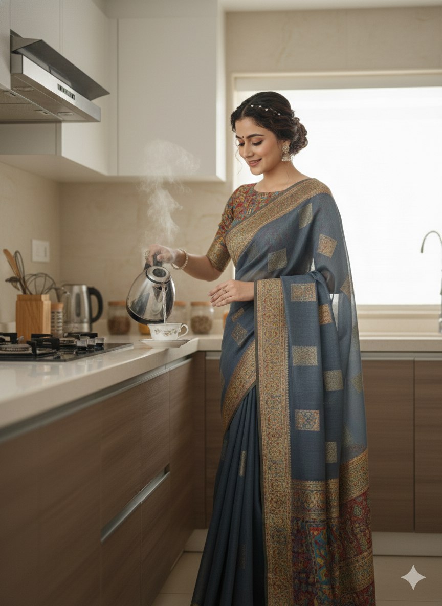 This beautiful Zari work saree gives a perfect look to the outfit