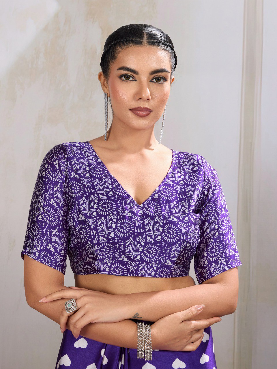 Pure Ajrakh modal satin fabric featuring traditional printed motifs with rich, earthy tones and a soft, breathable feel, perfect for all-day elegance.